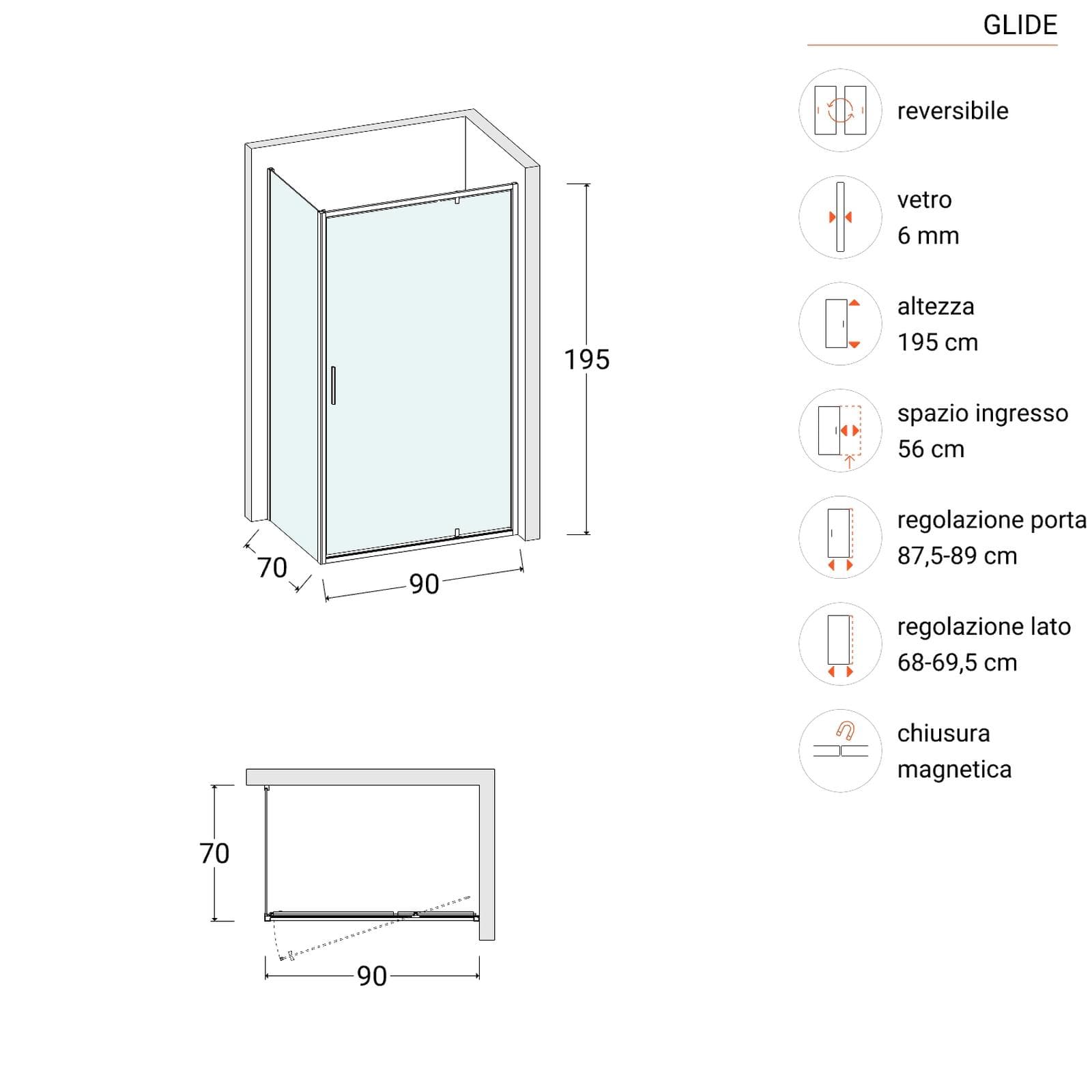 Box doccia 70x90 cm battente vetro trasparente e profilo cromo 195h - Glide