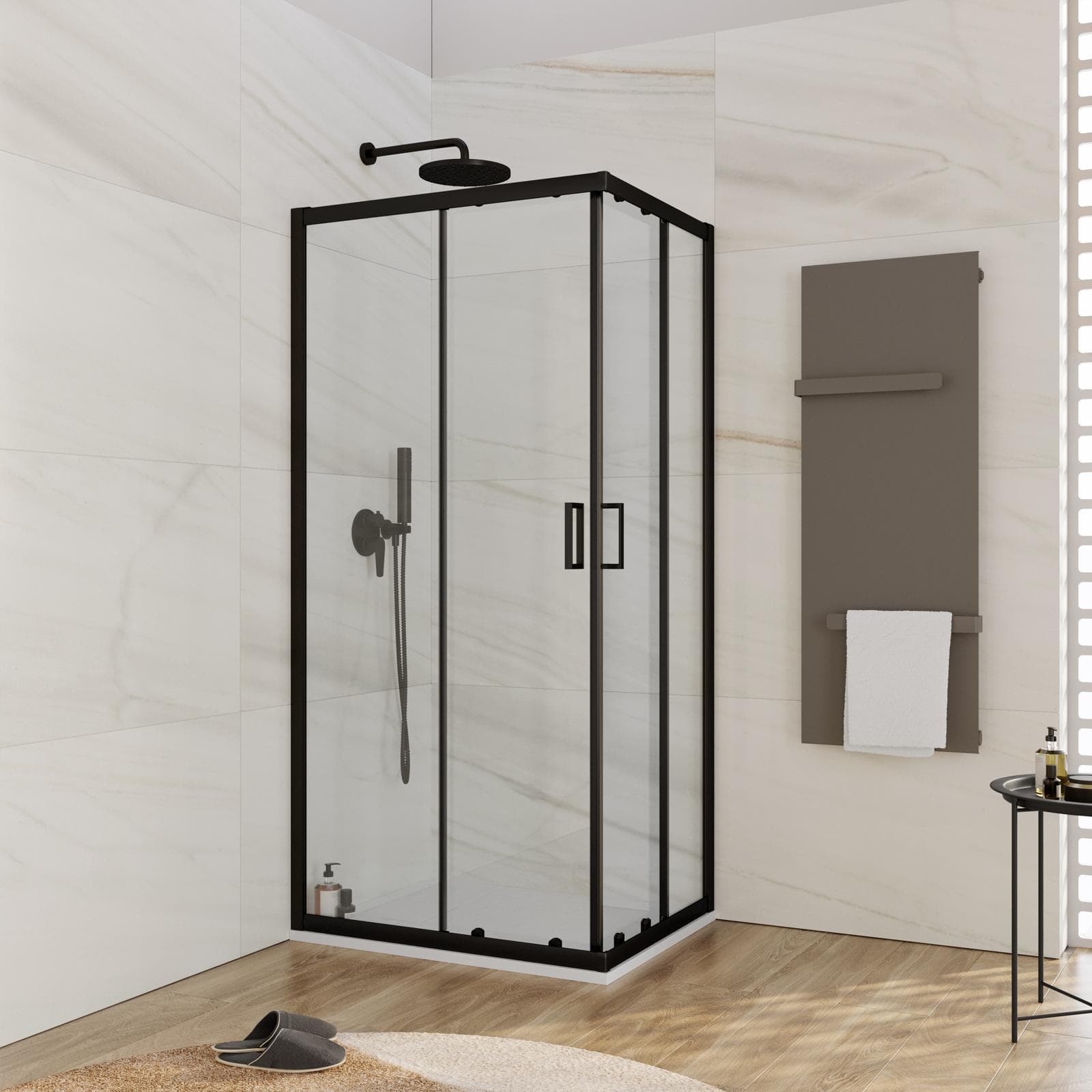 Box doccia 70x90 cm in vetro temperato 6 mm trasparente 185h con profilo nero - Young