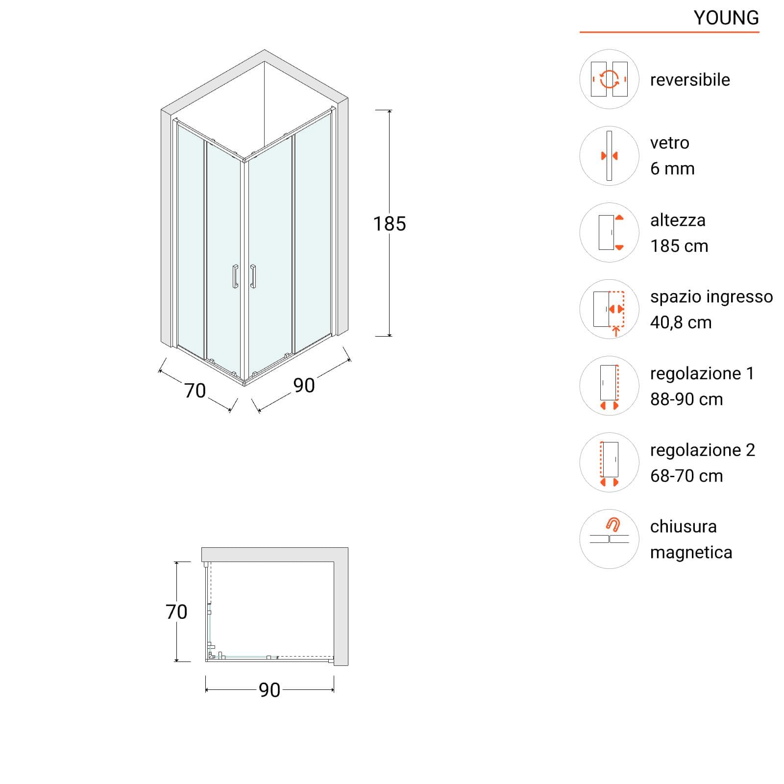 Box doccia 70x90 cm in vetro temperato 6 mm trasparente 185h con profilo nero - Young