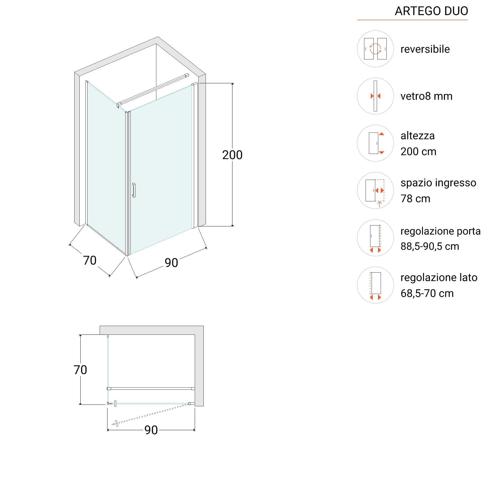 Box doccia 70X90 cm lato fisso specchiato con battente e profilo cromo 200h - Artego Duo
