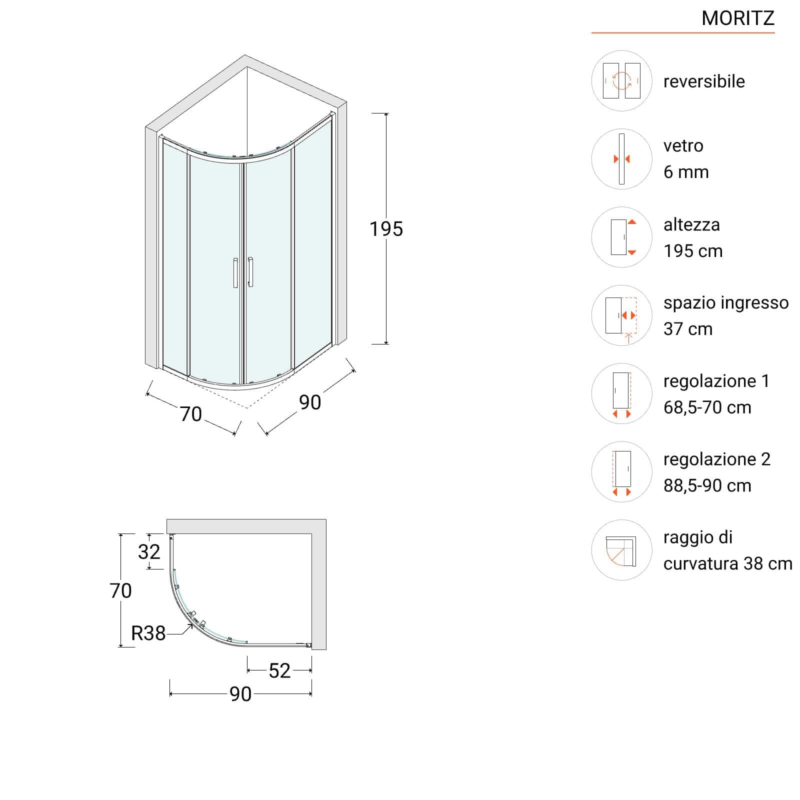 Box doccia 70x90 cm semicircolare scorrevole vetro temperato opaco profilo cromo 195h - Moritz