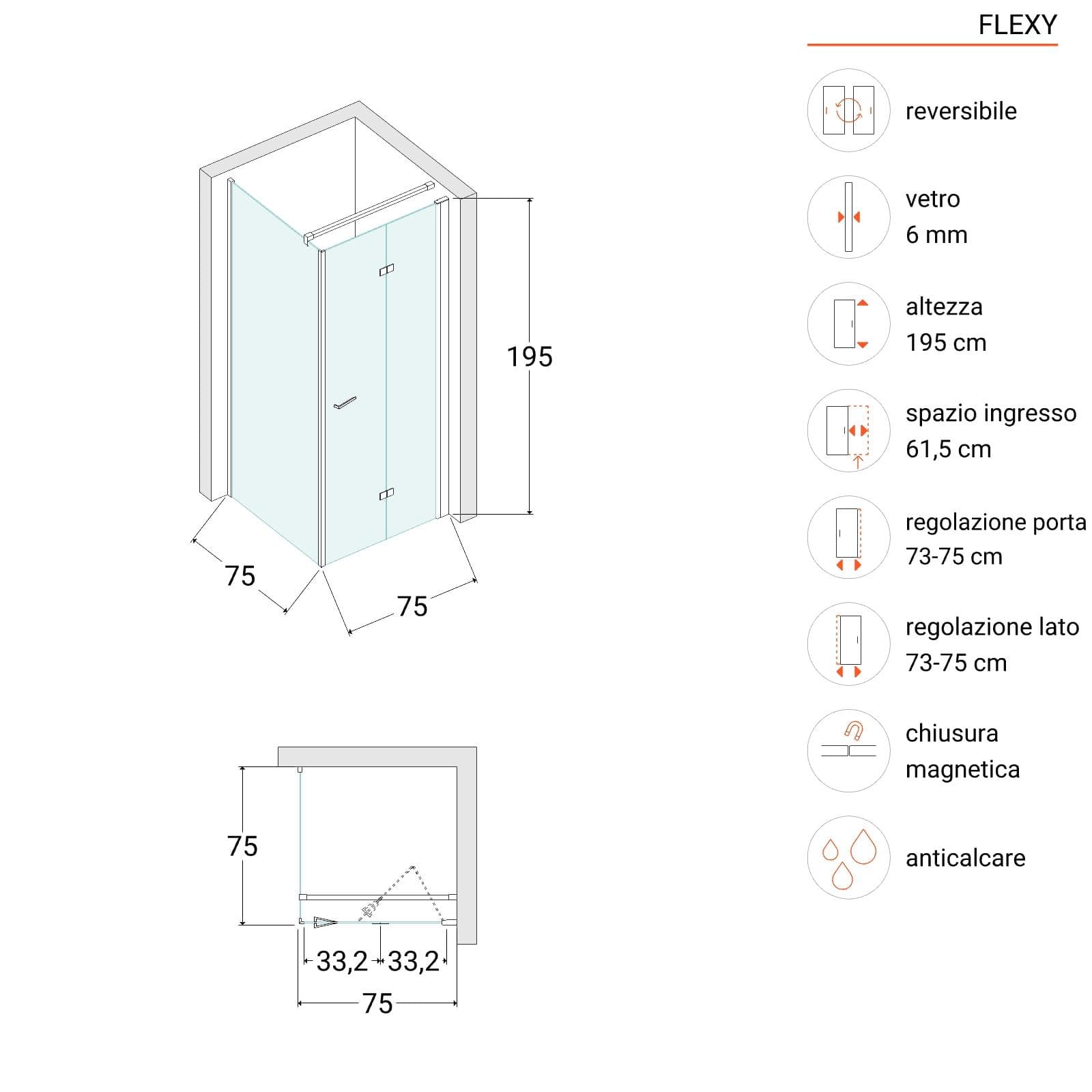 Box doccia 75x75 cm a soffietto vetro anticalcare trasparente profilo cromo 195h - Flexy