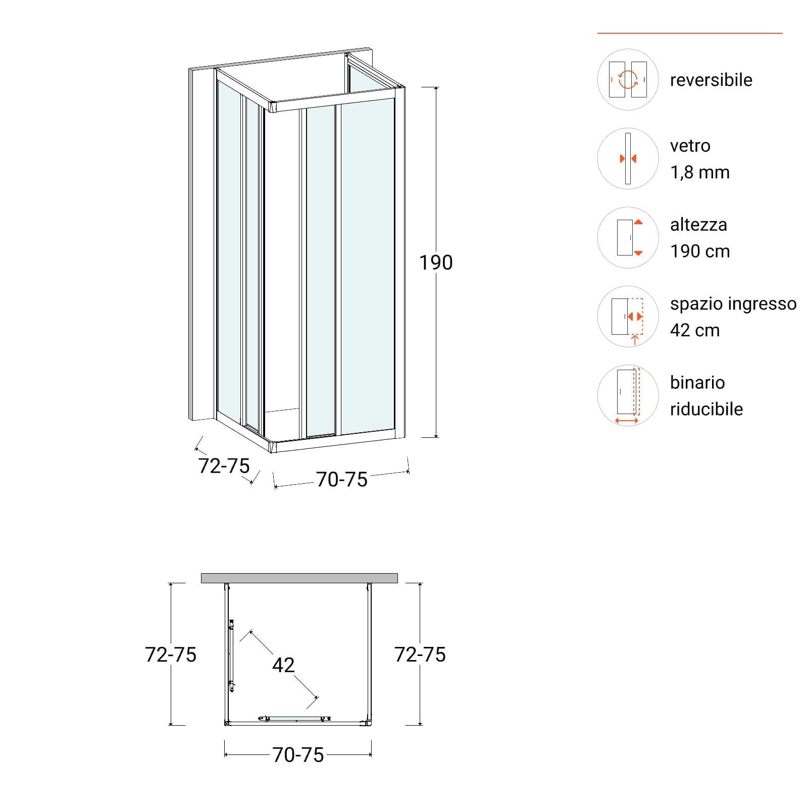 Box doccia 75X75X75 cm tre lati scorrevole con apertura ad angolo in pvc stampato bianco 190h - Acril