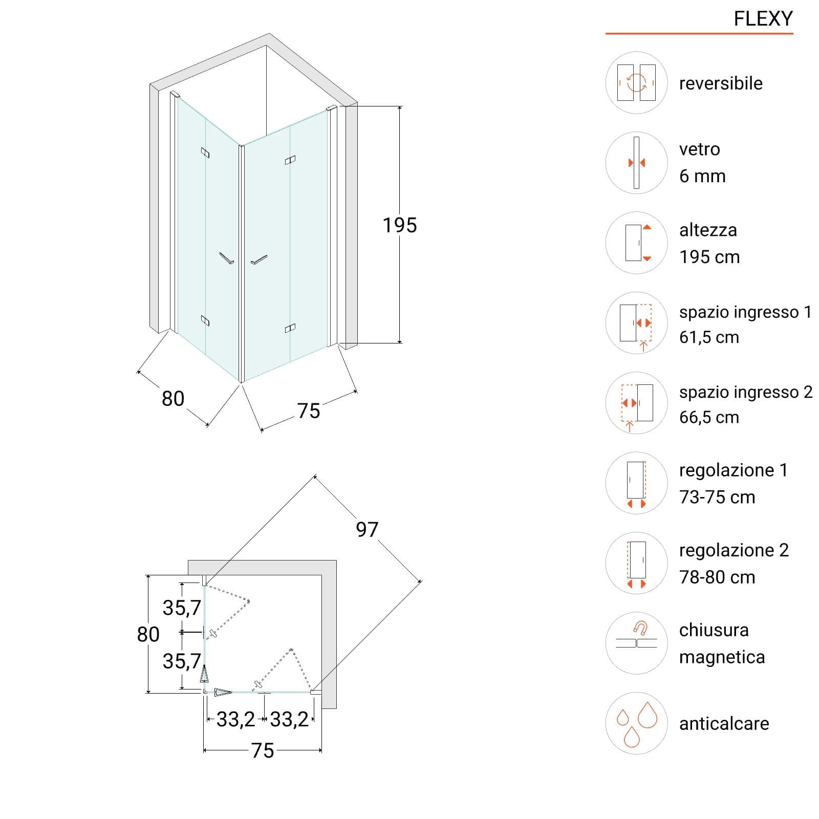 Box doccia 75x80 cm doppio soffietto vetro anticalcare trasparente profilo cromo 195h - Flexy