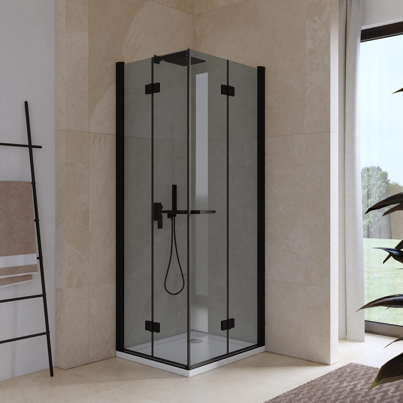 Box doccia 75x85 cm doppio soffietto vetro anticalcare fumè e profilo nero opaco 195h - Flexy