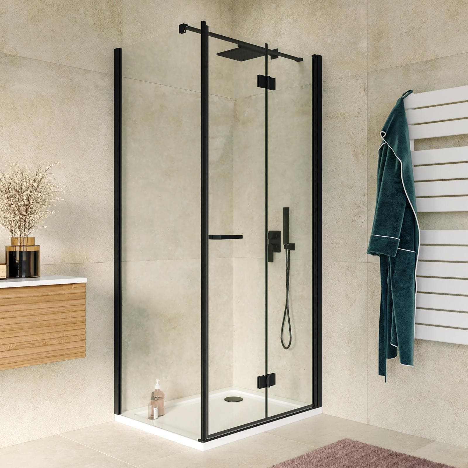 Box doccia 75x90 cm a soffietto vetro anticalcare trasparente e profilo nero opaco 195h - Flexy