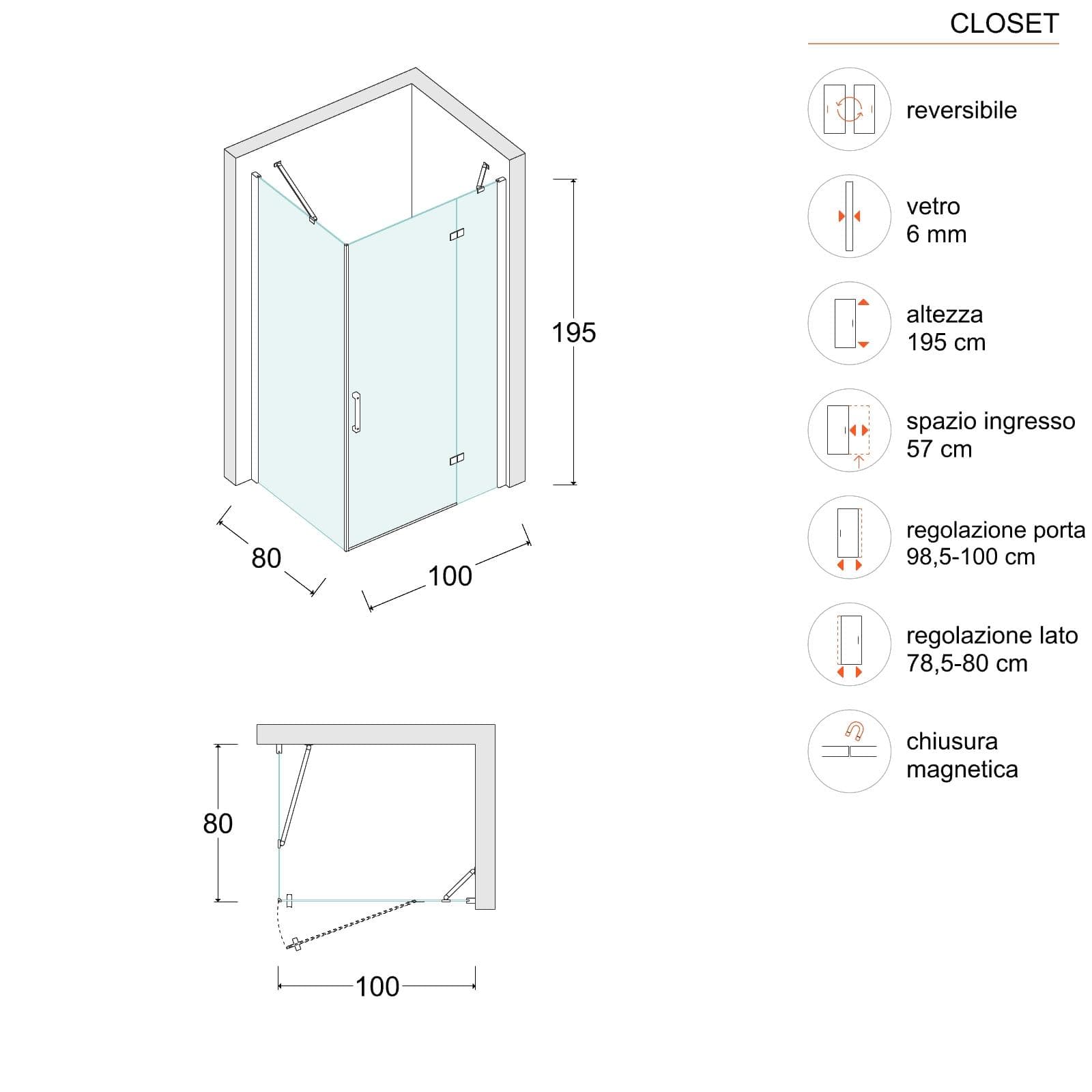 Box doccia 80x100 cm battente vetro temperato anticalcare 195h - Closet