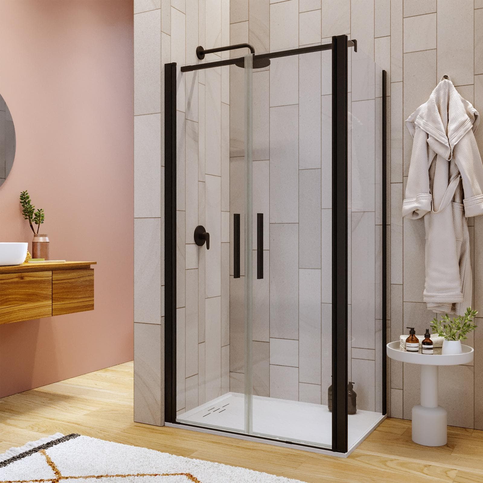 Box doccia 80x100 apertura saloon con vetro anticalcare trasparente e profilo nero 195h - Lost