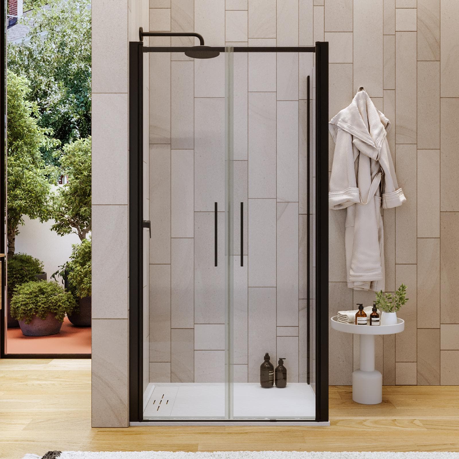 Box doccia 80x100 apertura saloon con vetro anticalcare trasparente e profilo nero 195h - Lost