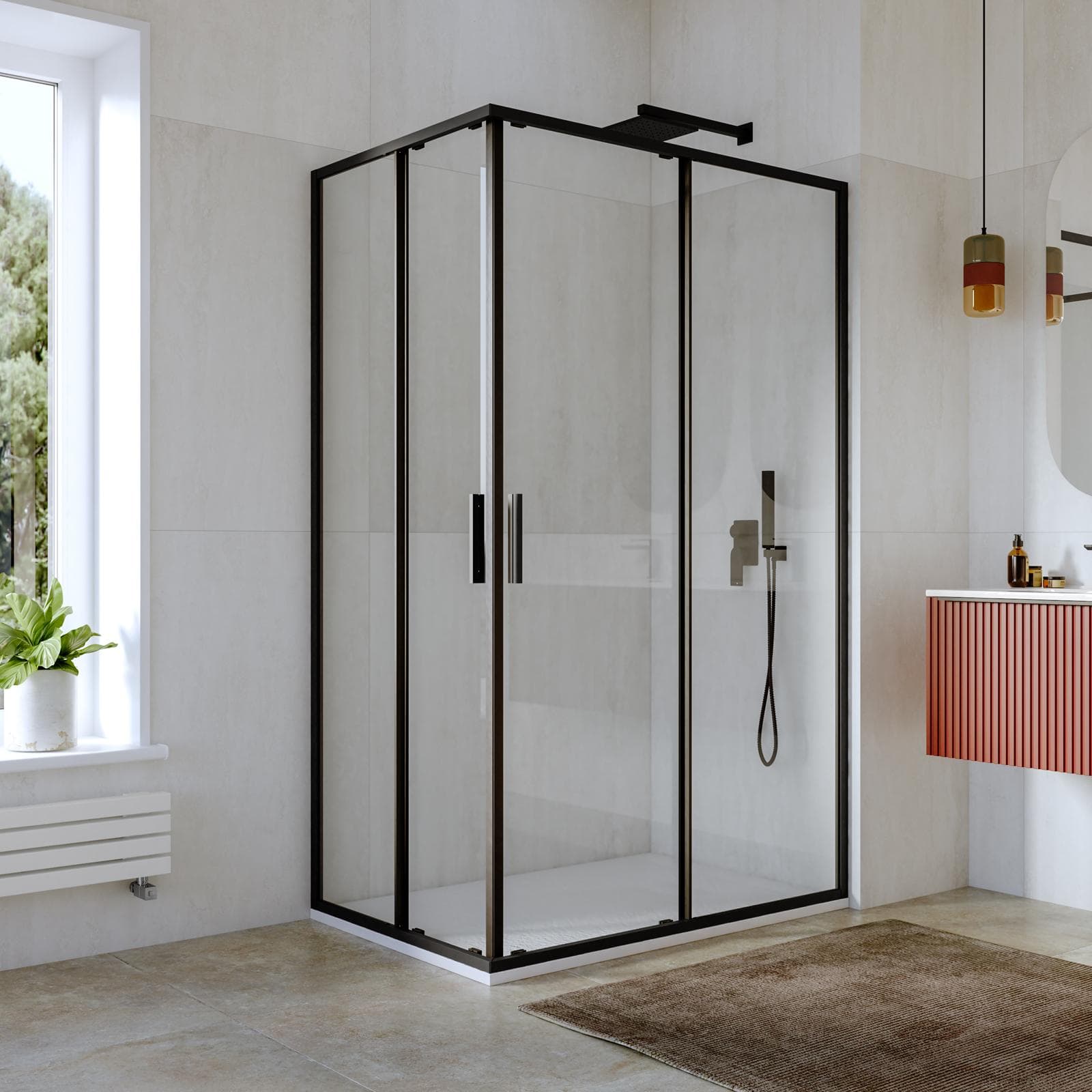 Box doccia 80x100 cm angolare scorrevole con vetro slim trasparente e profilo nero opaco 195h - Glide