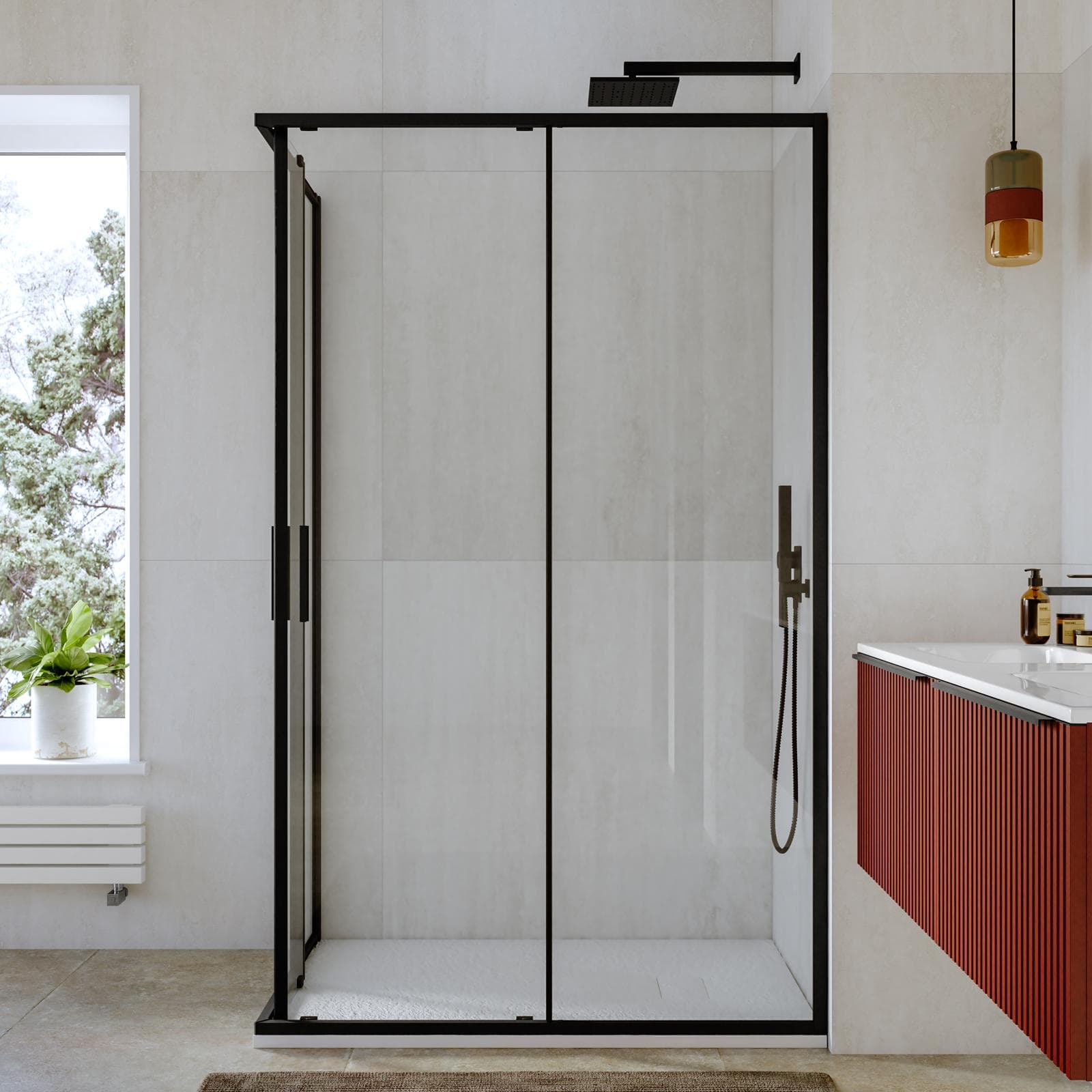 Box doccia 80x100 cm angolare scorrevole con vetro slim trasparente e profilo nero opaco 195h - Glide