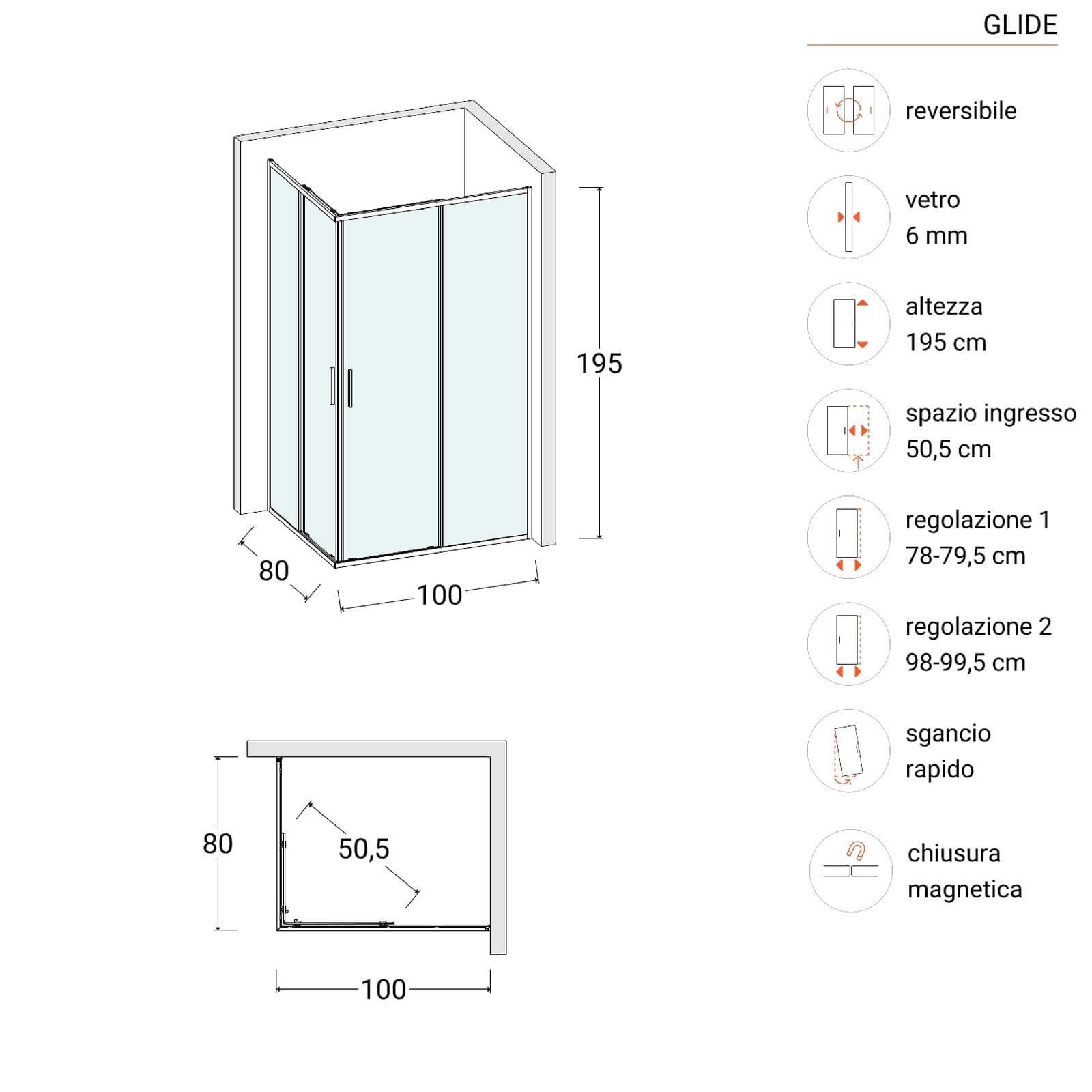 Box doccia 80x100 cm angolare scorrevole con vetro slim trasparente e profilo nero opaco 195h - Glide