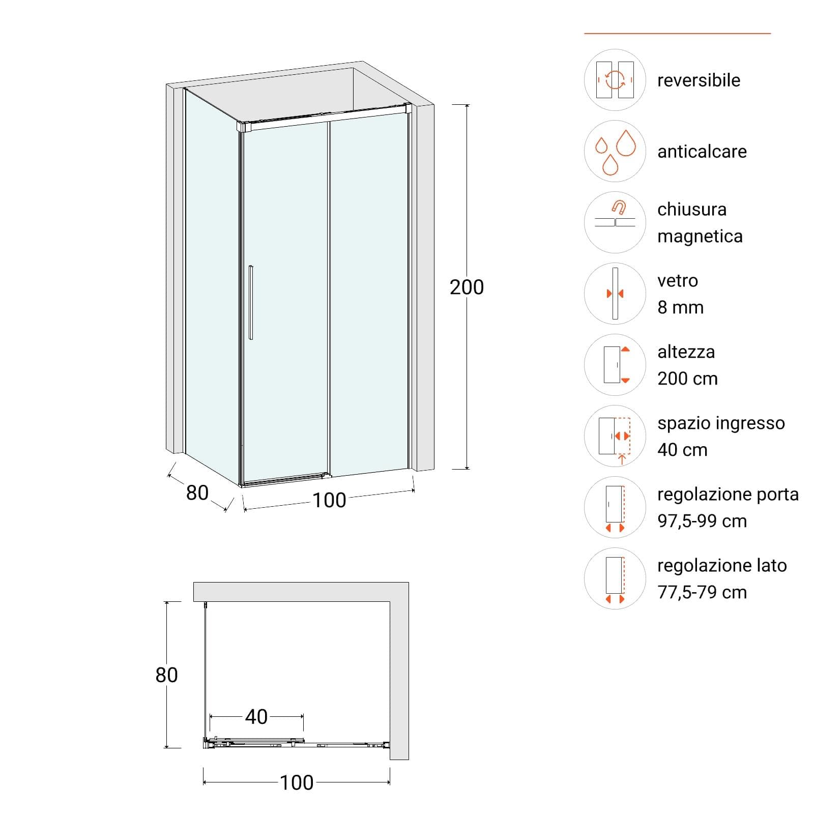 Box doccia 80x100 cm scorrevole vetro anticalcare 8 mm trasparente profilo nero opaco 200 h - Alissa