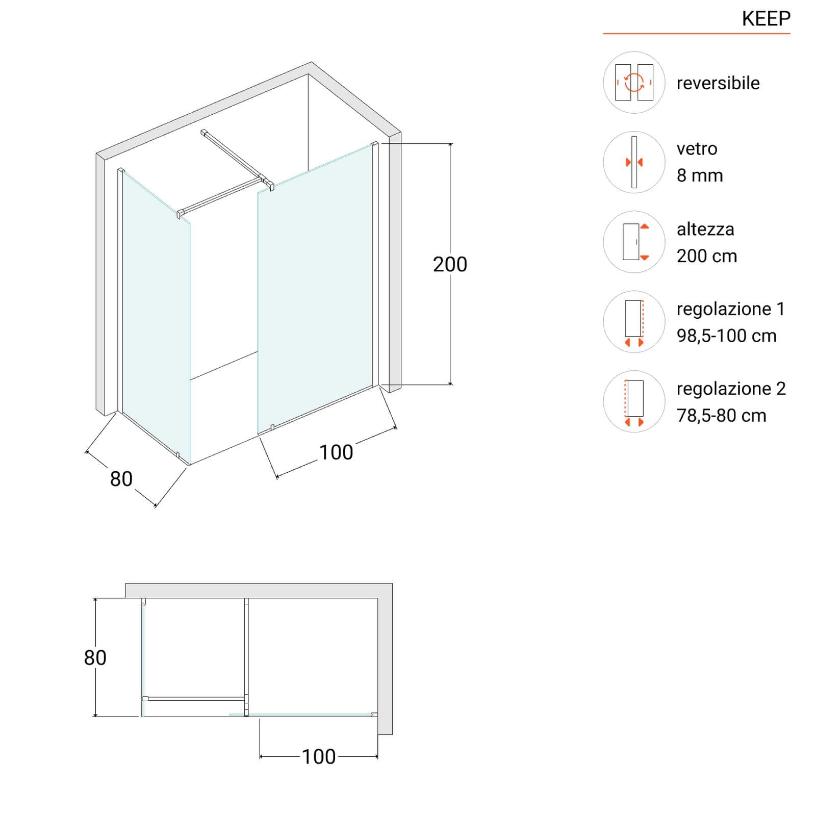 Box doccia 80x100 fumè anticalcare reversibile altezza 200 h - Keep