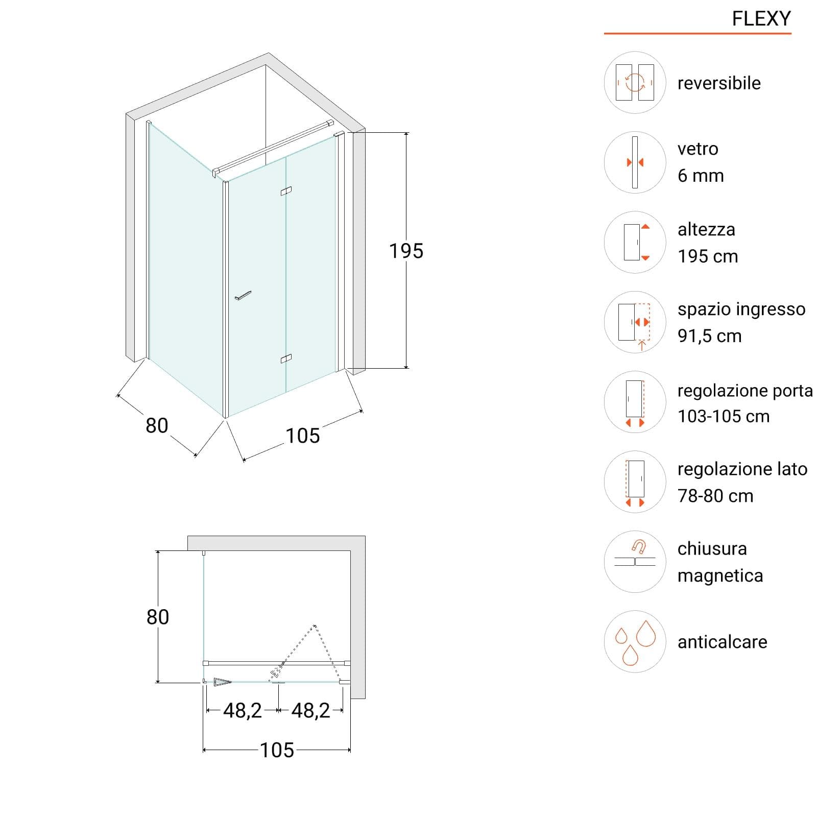 Box doccia 80x105 cm a soffietto vetro anticalcare trasparente profilo cromo 195h - Flexy