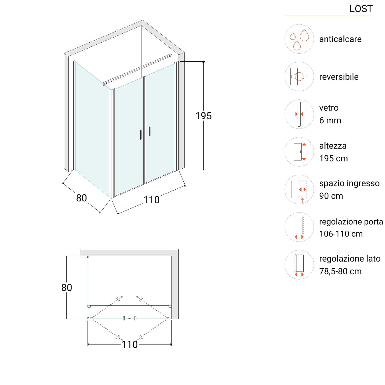 Box doccia 80x110 apertura saloon con vetro anticalcare trasparente e profilo cromo 195h - Lost
