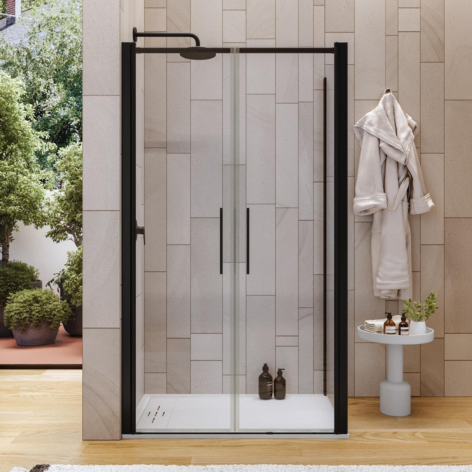 Box doccia 80x110 apertura saloon con vetro anticalcare trasparente e profilo nero 195h - Lost