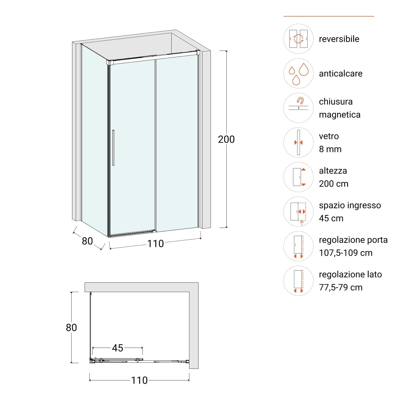 Box doccia 80x110 cm scorrevole vetro anticalcare 8 mm trasparente profilo cromo 200 h - Alissa