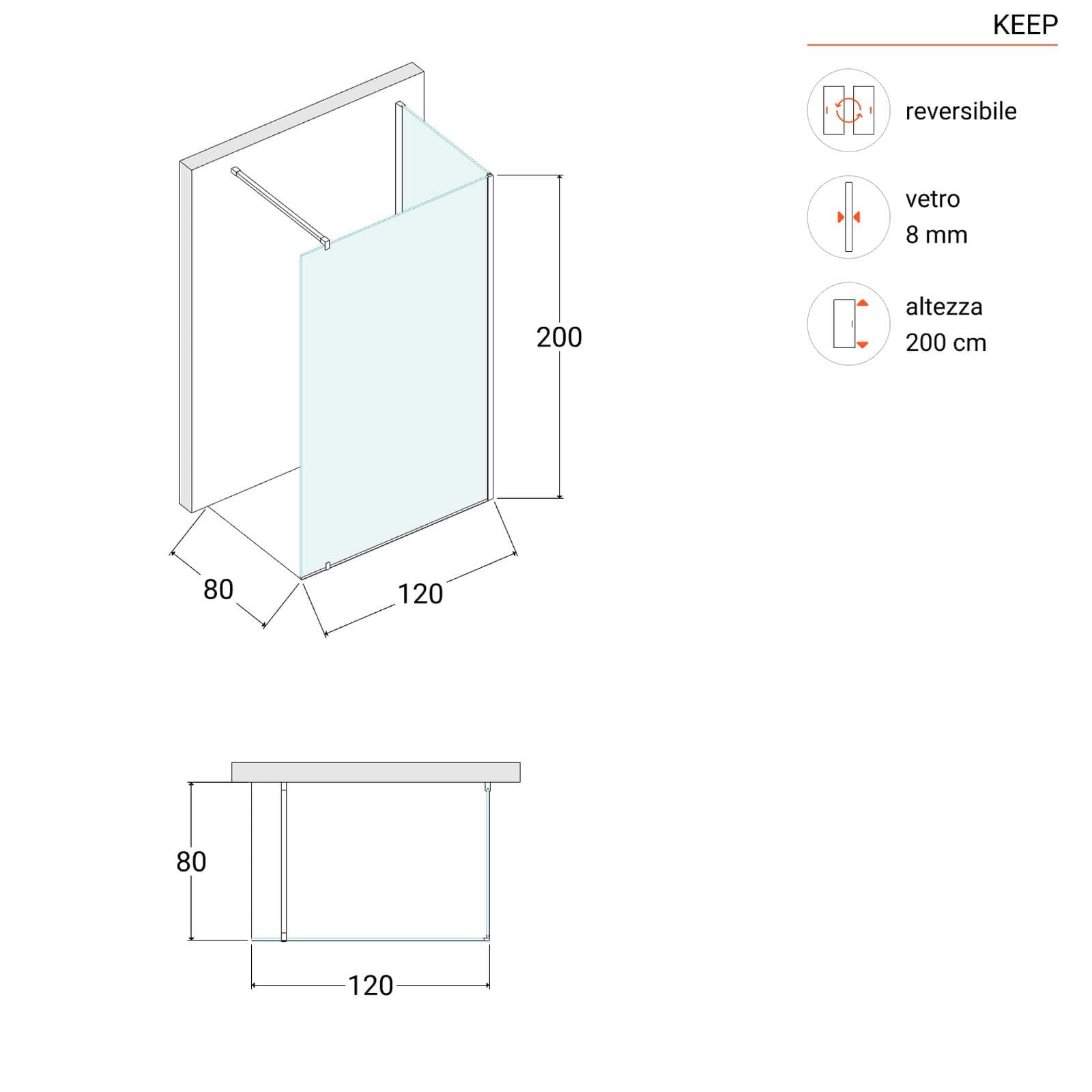 Box doccia walk-in 80x120 cm angolare con vetro trasparente e profilo cromo 200h - Keep