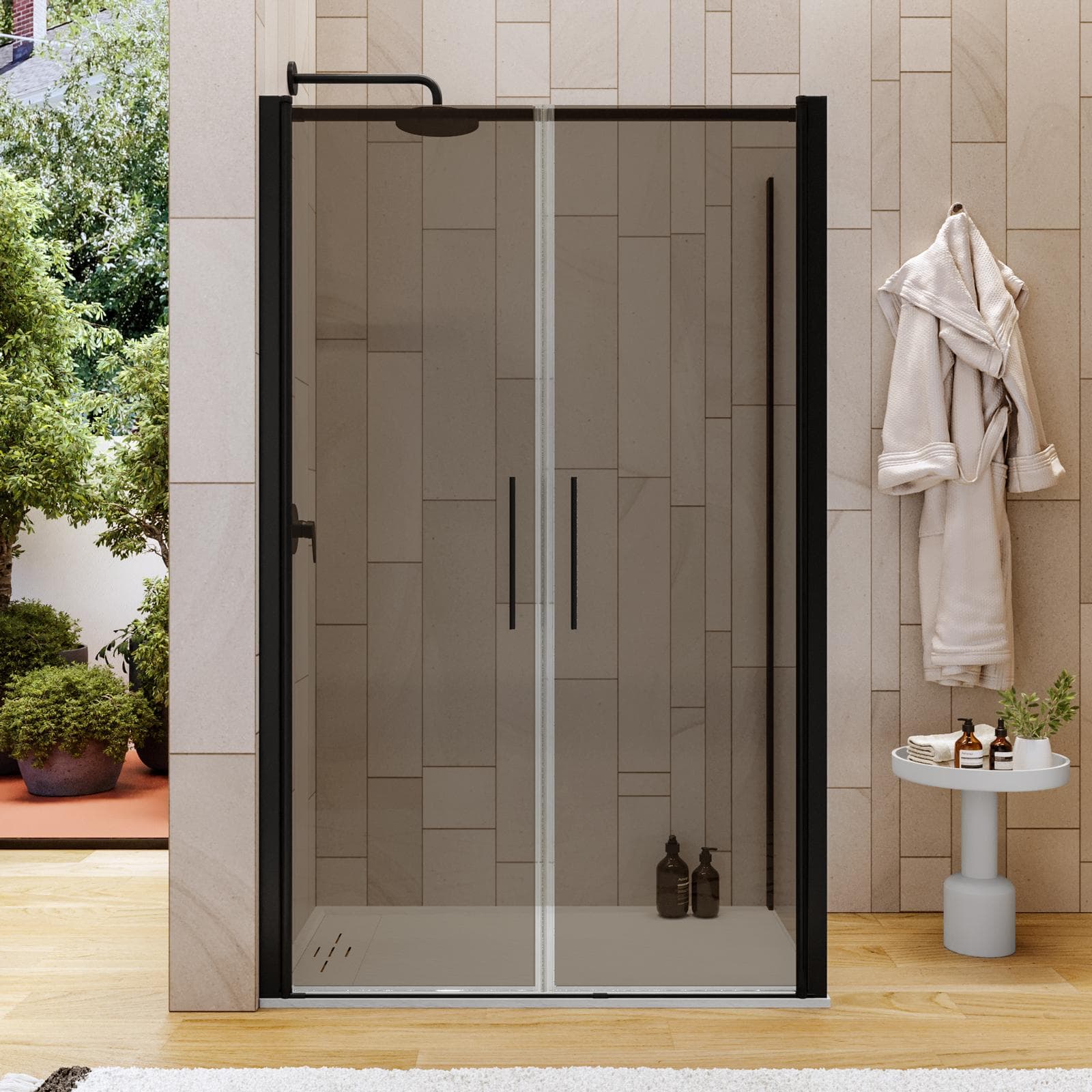 Box doccia 80x120 apertura saloon con vetro anticalcare bronzato e profilo nero 195h - Lost