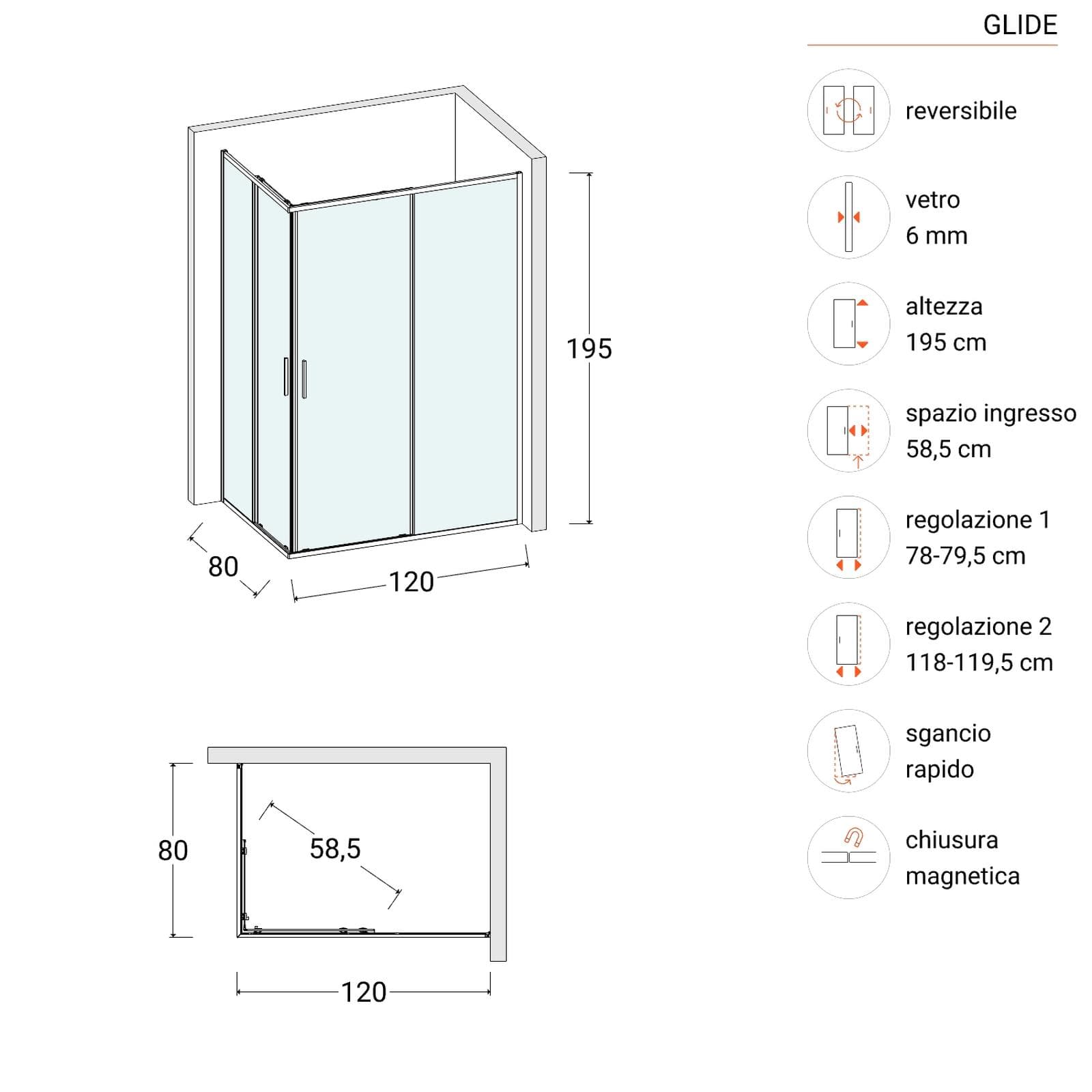 Box doccia 80x120 cm angolare scorrevole con vetro slim trasparente e profilo cromo 195h - Glide