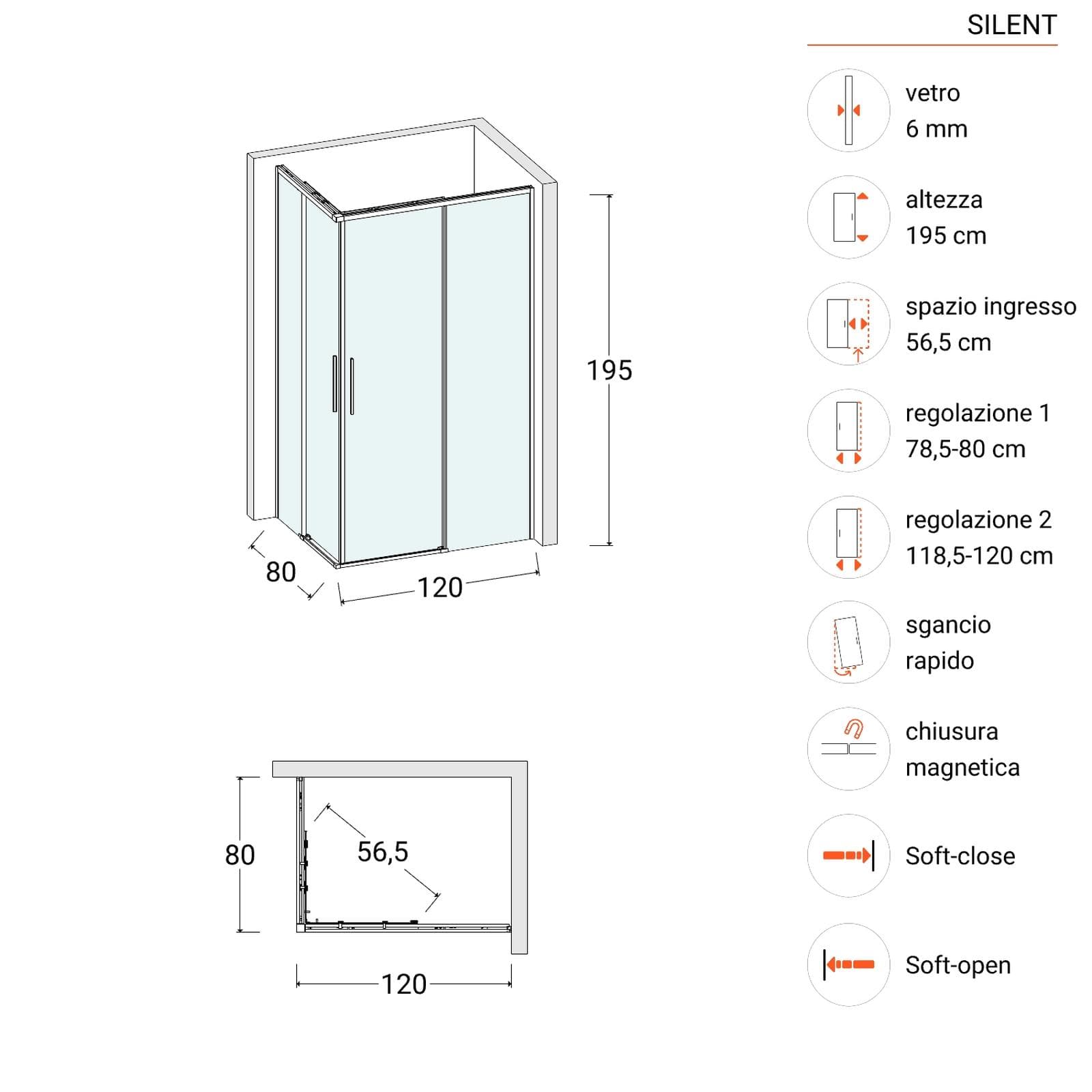 Box doccia 80x120 cm angolare scorrevole con vetro trasparente e profilo nero opaco 195h - Silent