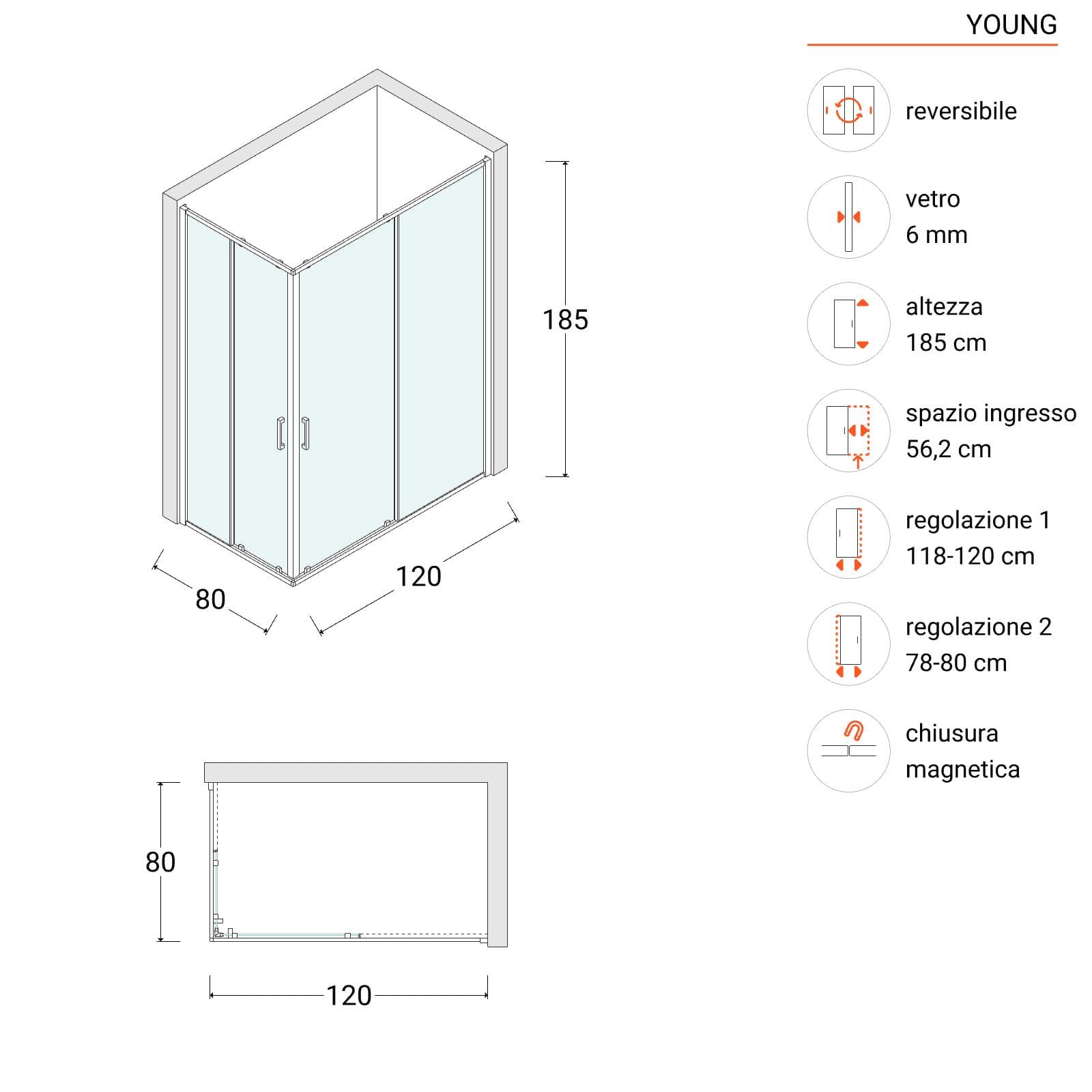 Box doccia 80x120 cm in vetro temperato 6 mm trasparente 185h con profilo nero - Young
