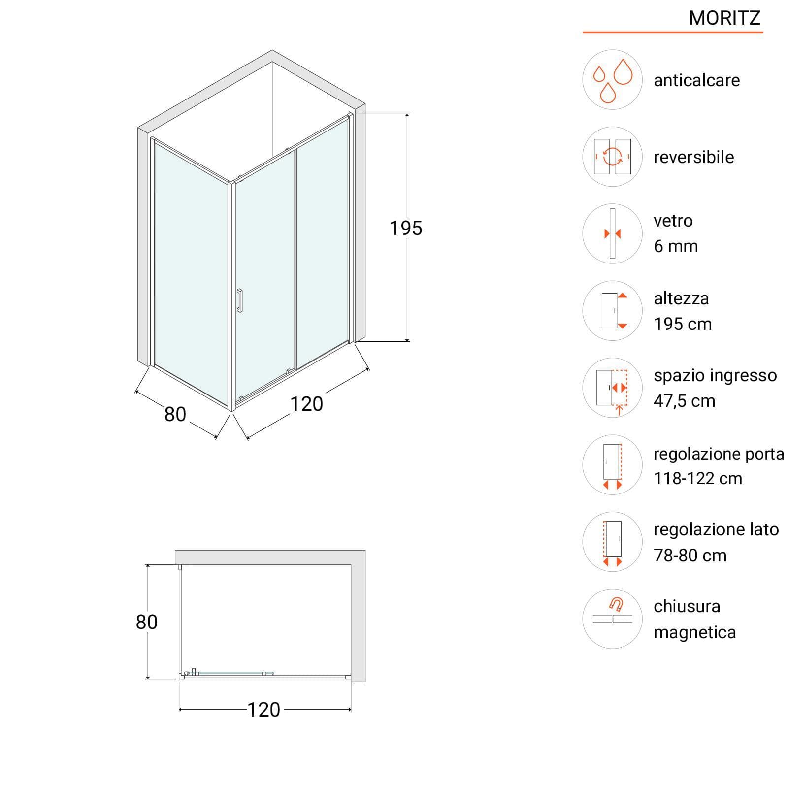 Box doccia 80x120 cm scorrevole vetro trasparente anticalcare profilo cromo 195h - Moritz