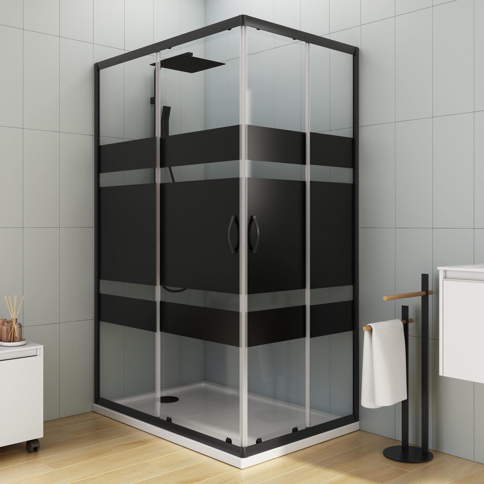 Box doccia 80X120 cm scorrevole con vetro serigrafato nero e profilo nero opaco 185h - Lite