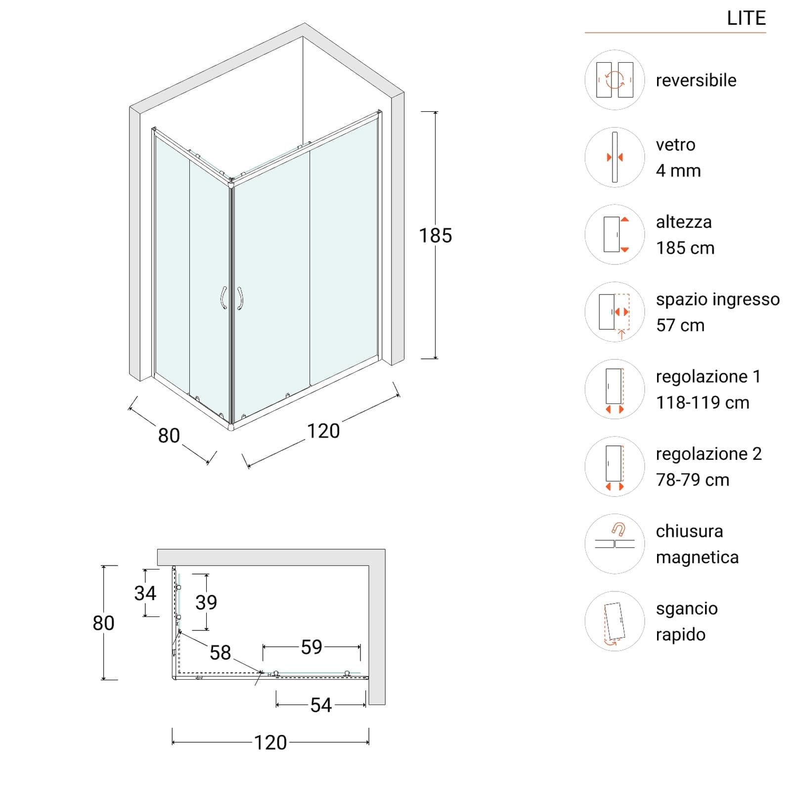 Box doccia 80X120 cm scorrevole con vetro trasparente e profilo bianco 185h - Lite