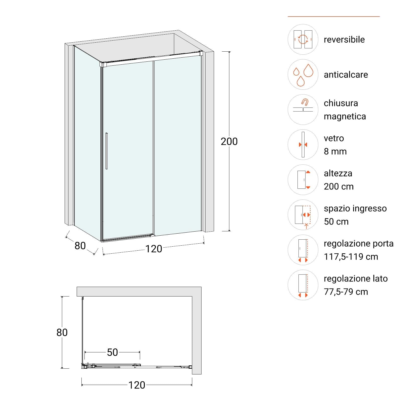 Box doccia 80x120 cm scorrevole vetro anticalcare 8 mm trasparente profilo cromo 200 h - Alissa