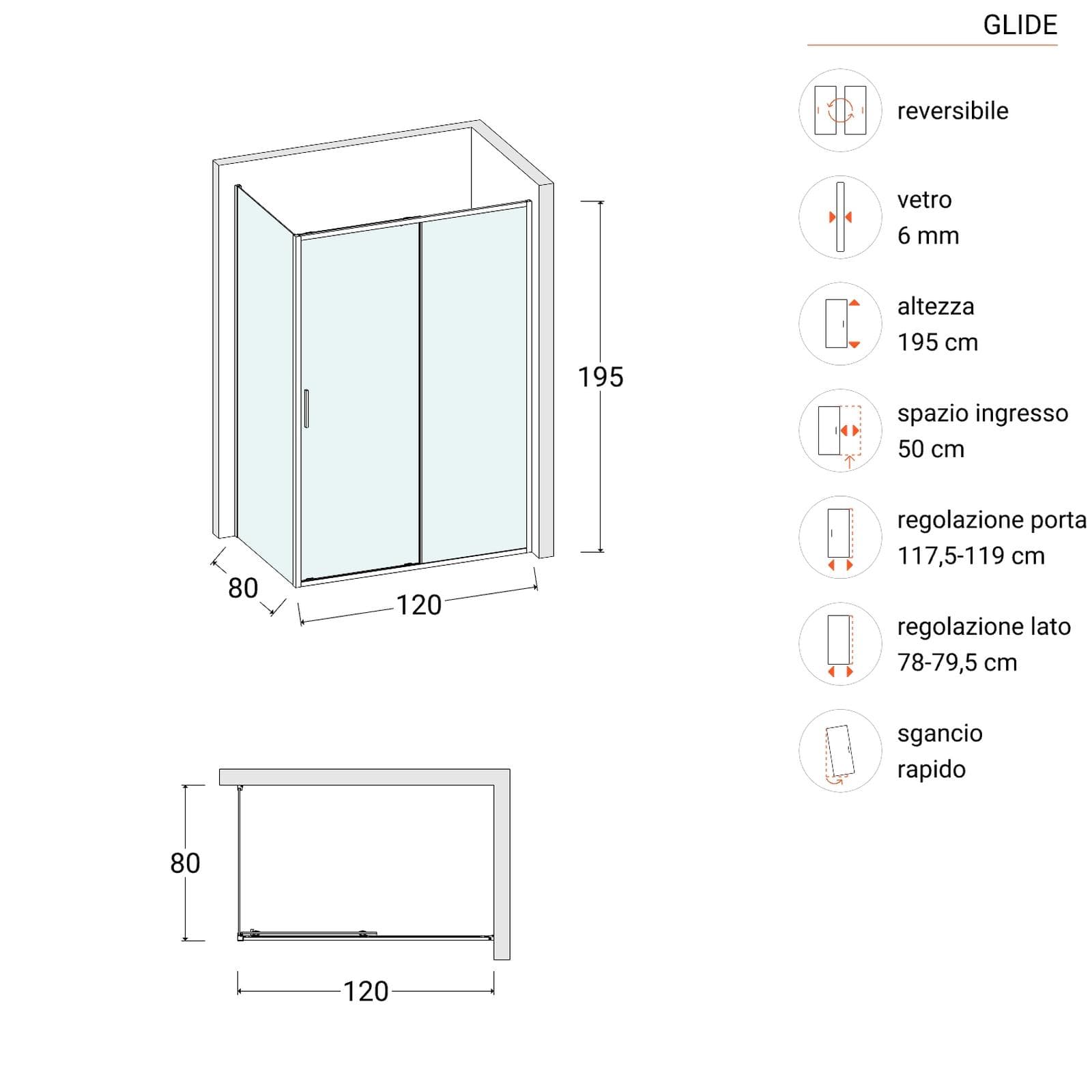 Box doccia 80x120 cm scorrevole vetro trasparente e profilo cromo 195h - Glide