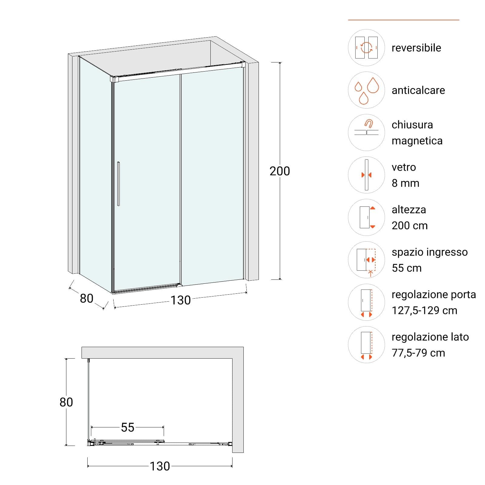 Box doccia 80x130 cm scorrevole vetro anticalcare 8 mm trasparente profilo spazzolato 200 h - Alissa