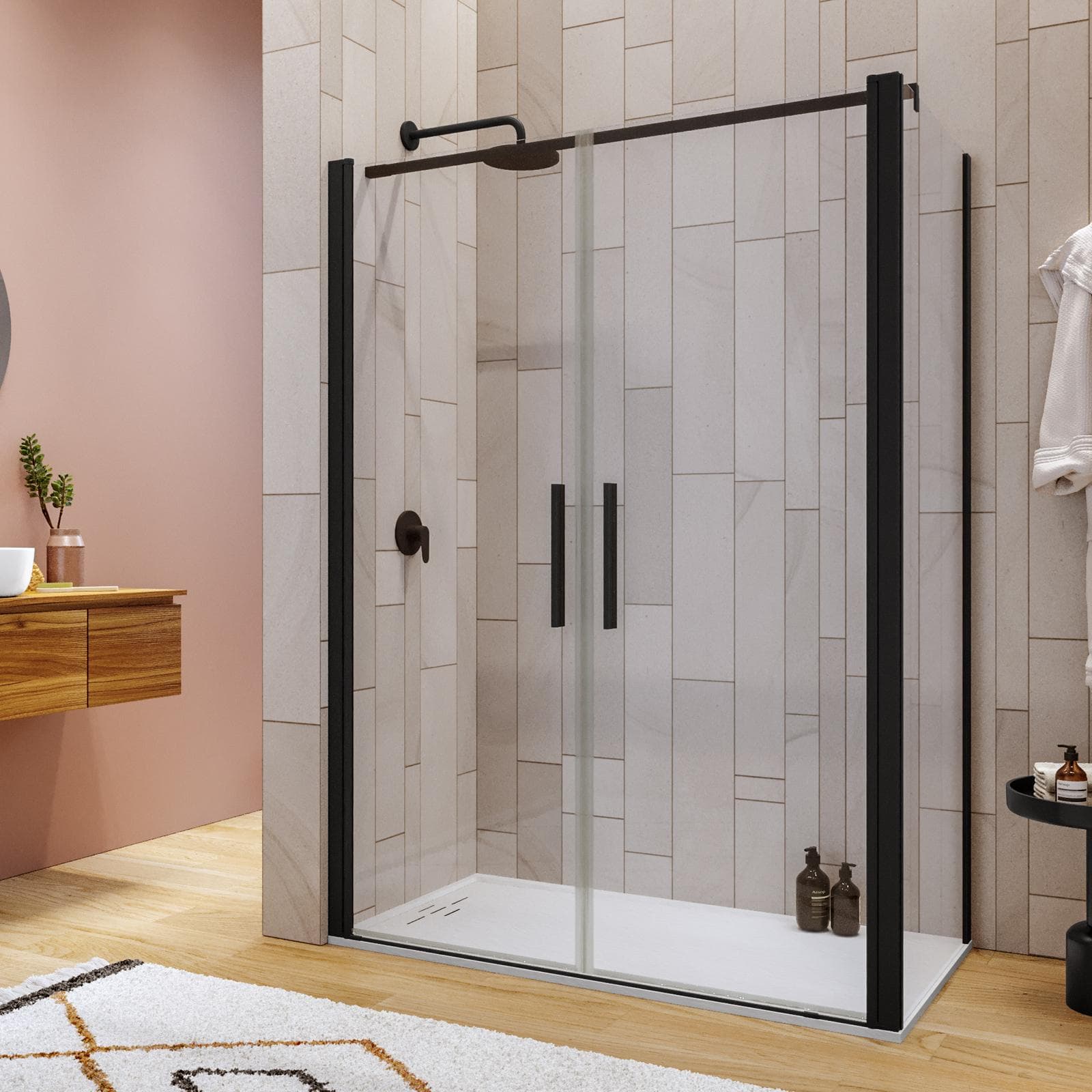 Box doccia 80x140 apertura saloon con vetro anticalcare trasparente e profilo nero 195h - Lost