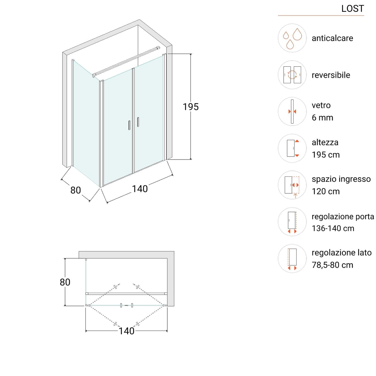 Box doccia 80x140 apertura saloon con vetro anticalcare trasparente e profilo nero 195h - Lost