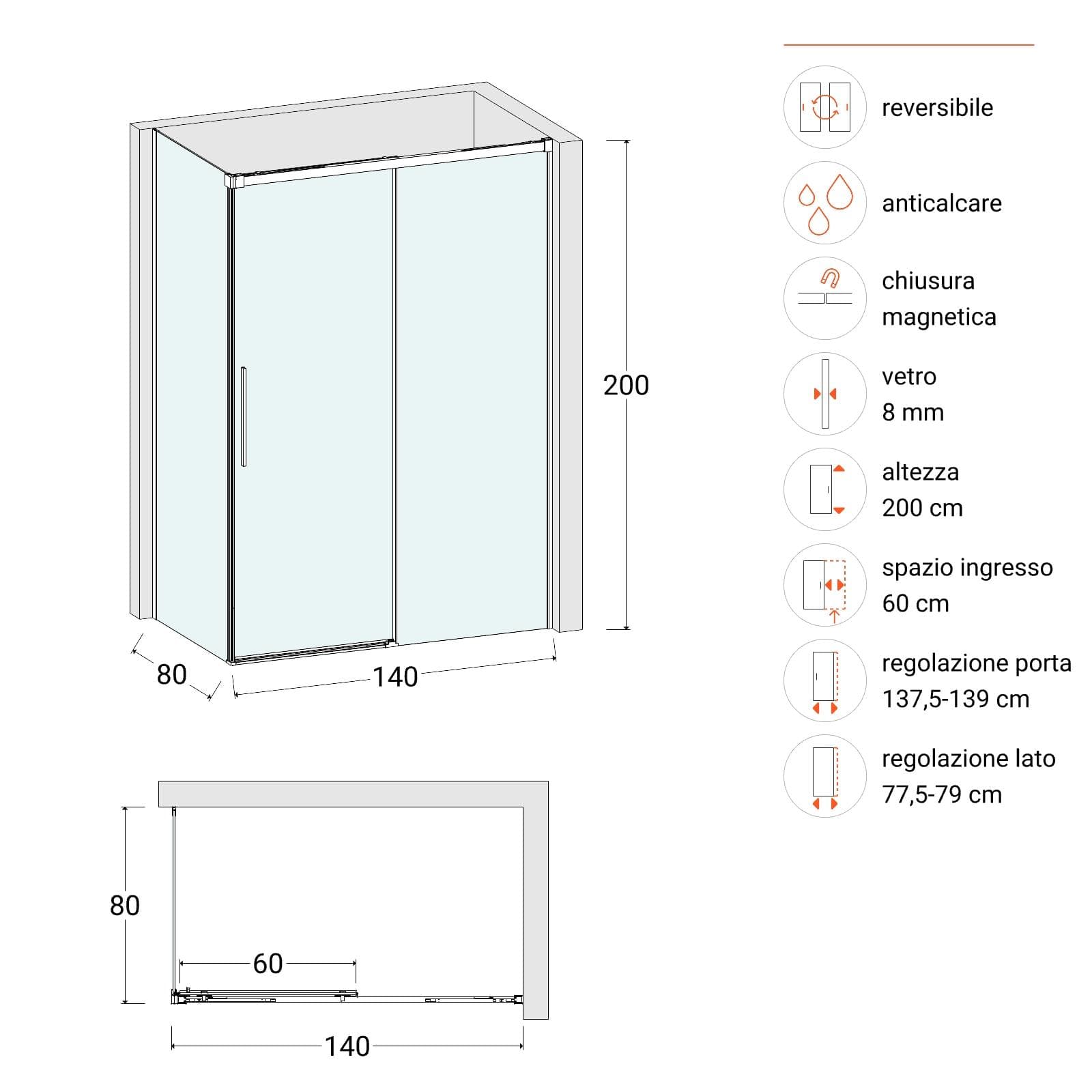 Box doccia 80x140 cm scorrevole vetro anticalcare 8 mm trasparente profilo cromo 200 h - Alissa