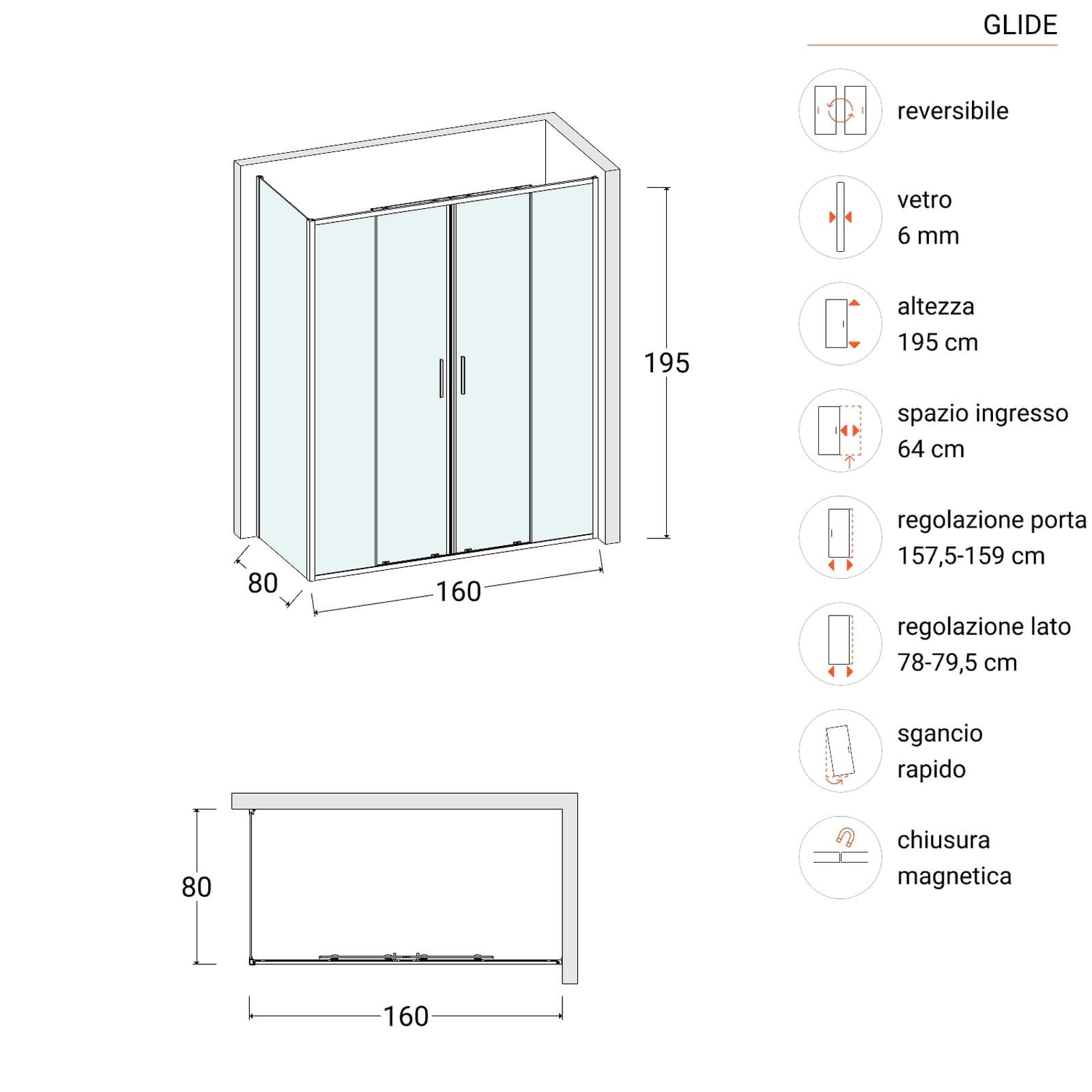 Box doccia 80x160 cm doppio scorrevole vetro trasparente e profilo nero opaco 195h - Glide