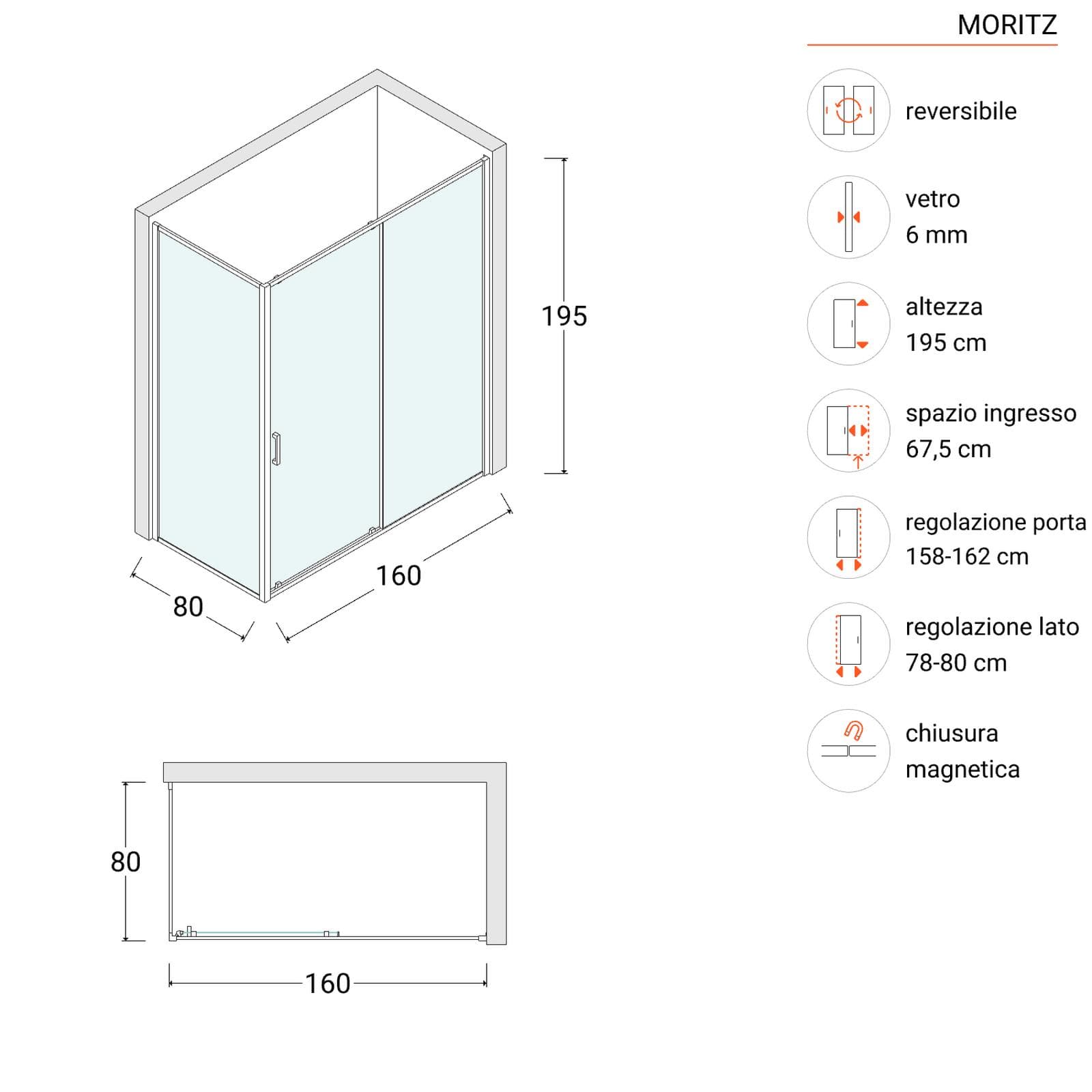 Box doccia 80x160 cm porta scorrevole vetro opaco profilo cromo 195h - Moritz