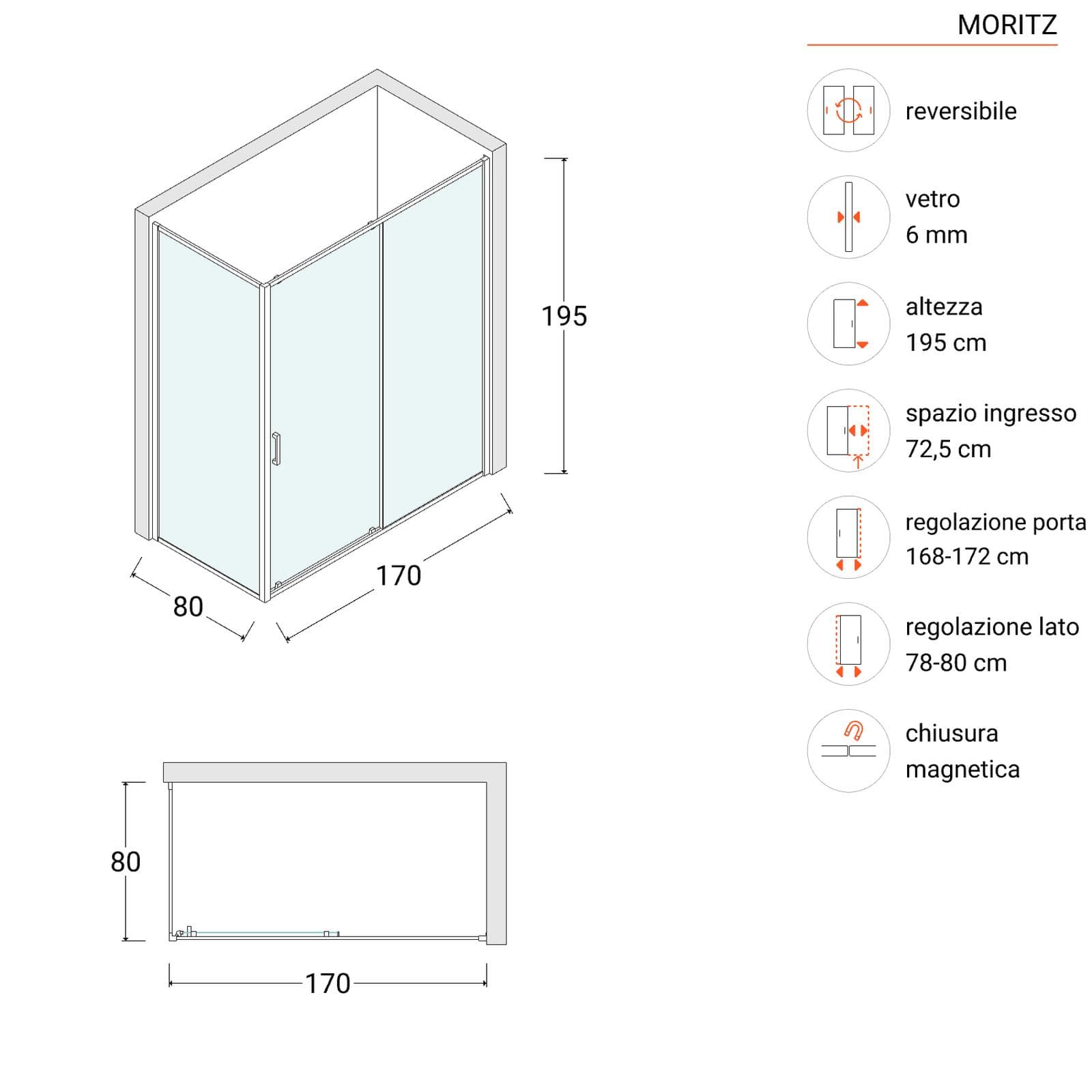 Box doccia 80x170 cm porta scorrevole vetro opaco profilo cromo 195h - Moritz