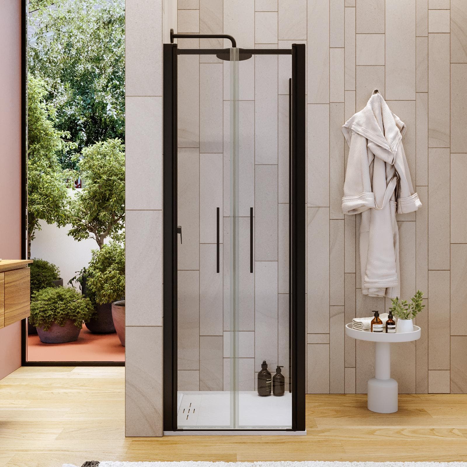 Box doccia 80x70 apertura saloon con vetro anticalcare trasparente e profilo nero 195h - Lost