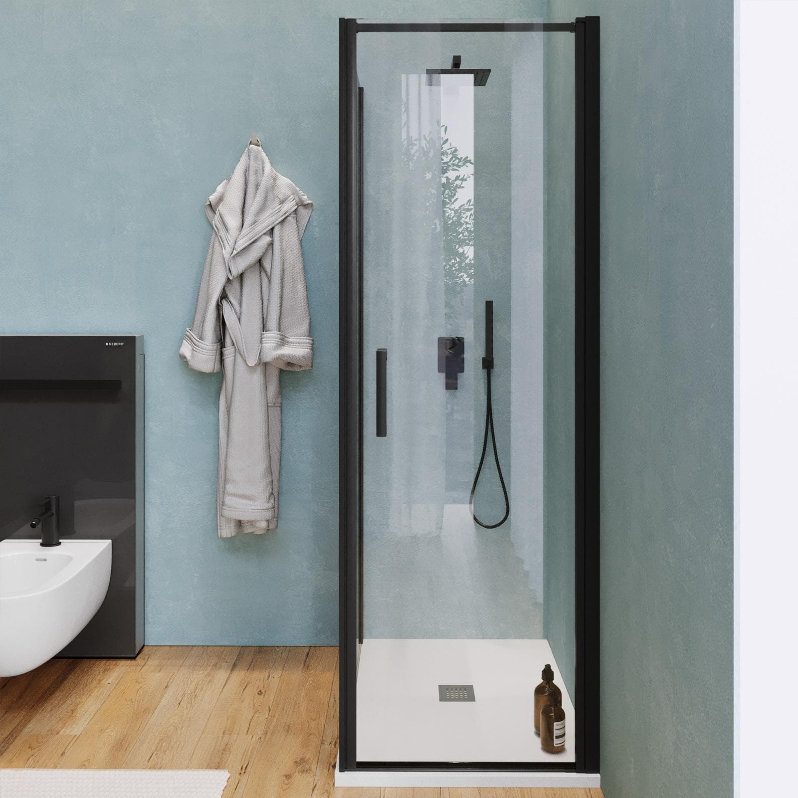 Box doccia 80X70 cm lato fisso specchiato con battente e profilo nero 200h - Artego Duo