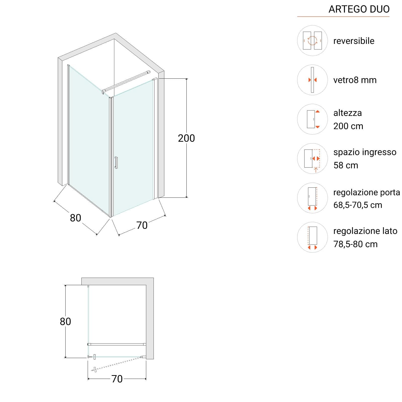Box doccia 80X70 cm lato fisso specchiato con battente e profilo nero 200h - Artego Duo