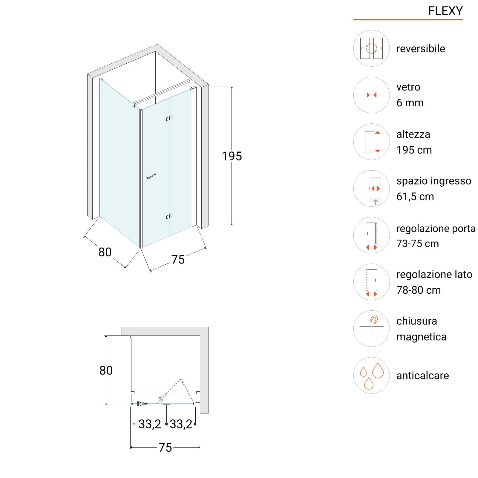 Box doccia 80x75 cm a soffietto vetro anticalcare trasparente profilo cromo 195h - Flexy