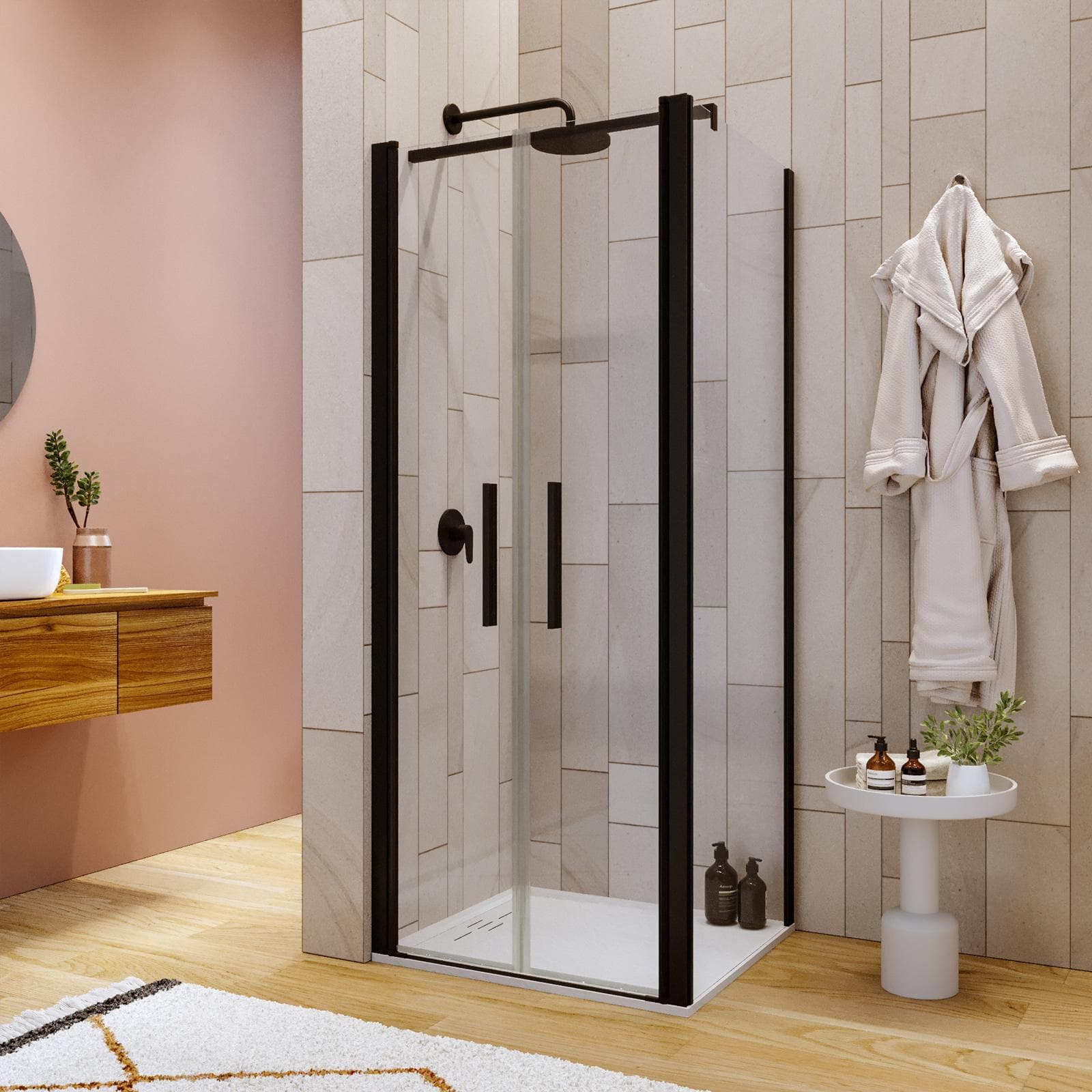 Box doccia 80x80 apertura saloon con vetro anticalcare trasparente e profilo nero 195h - Lost
