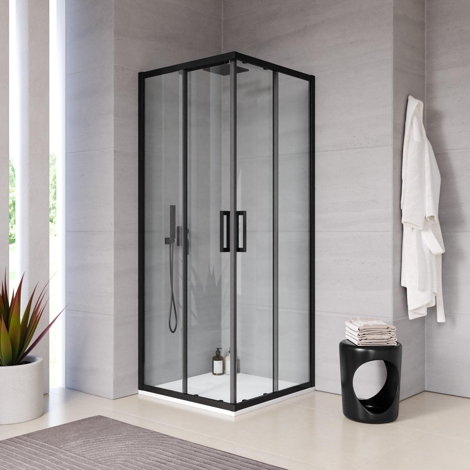 Box doccia 80x80 cm angolare scorrevole nero anticalcare trasparente 200h - Naomi