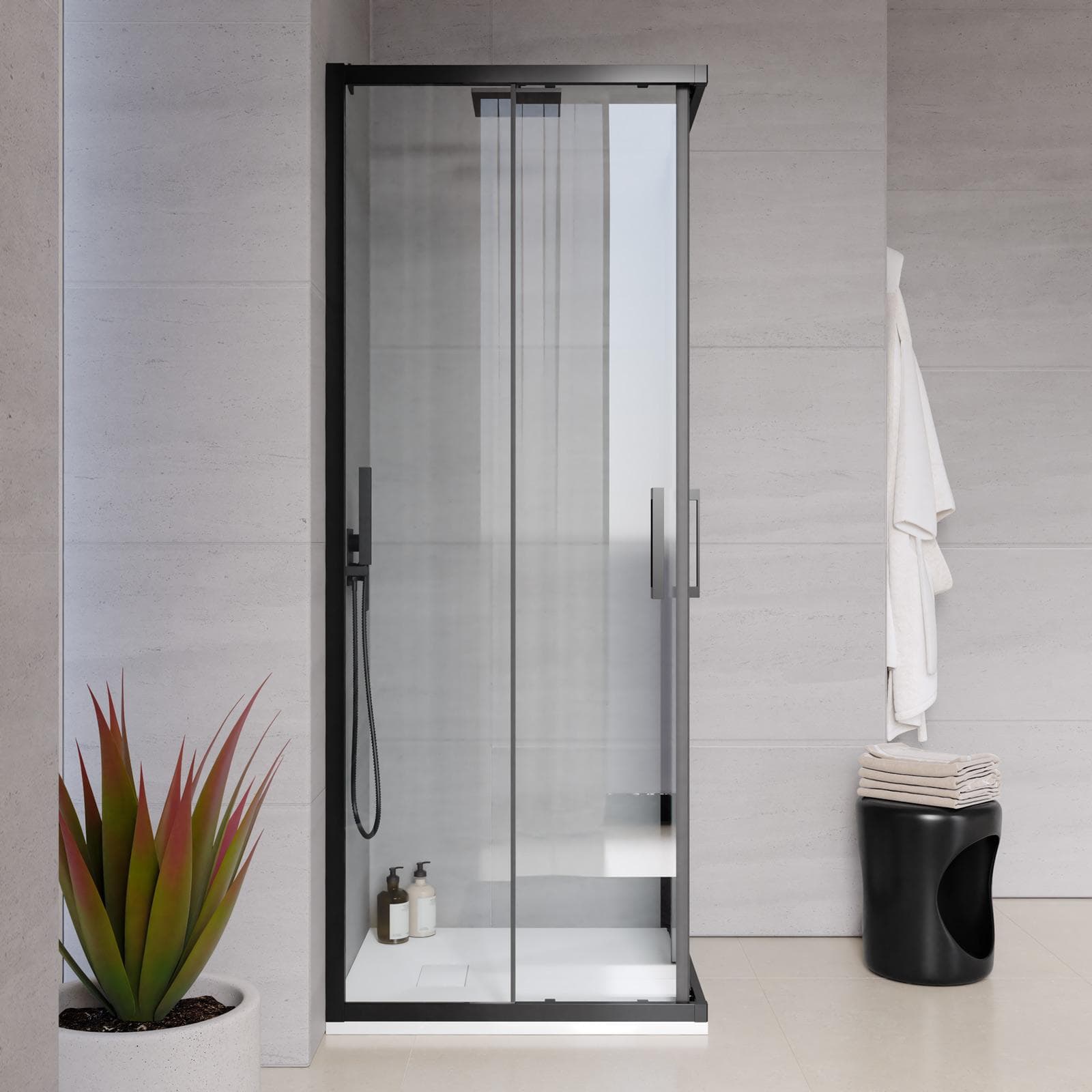 Box doccia 80x80 cm angolare scorrevole nero anticalcare trasparente 200h - Naomi
