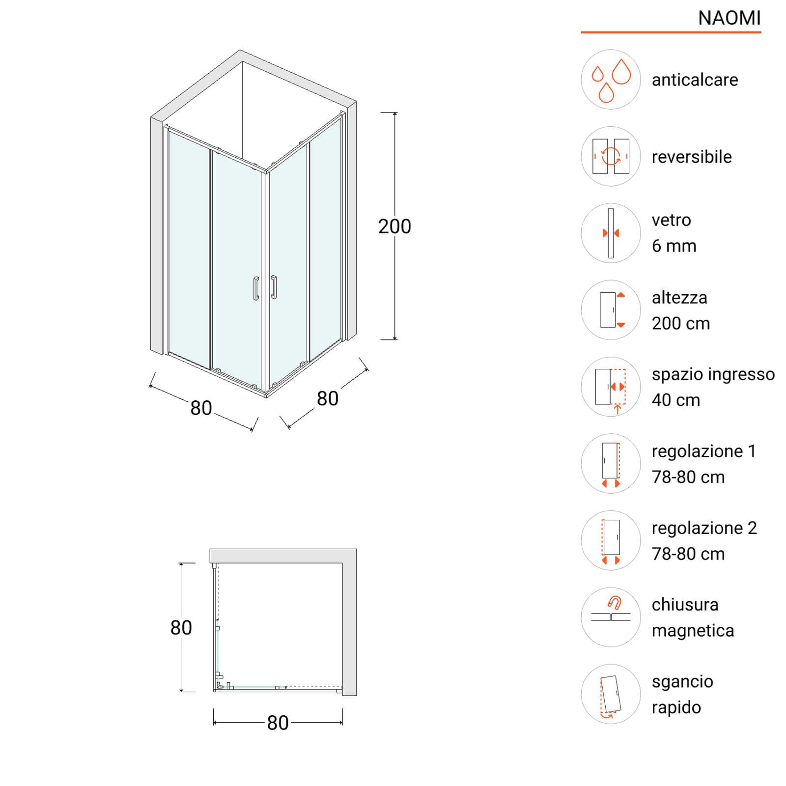Box doccia 80x80 cm angolare scorrevole nero anticalcare trasparente 200h - Naomi