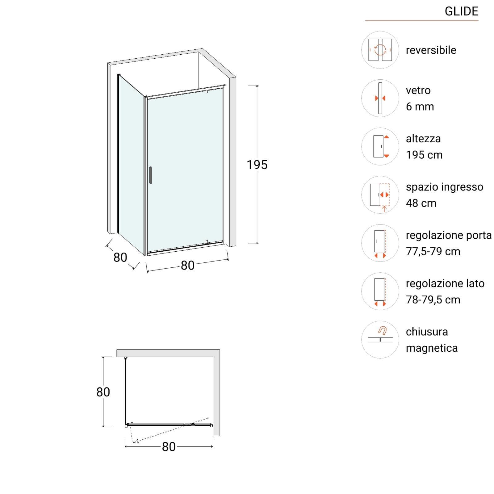 Box doccia 80x80 cm battente vetro trasparente e profilo cromo 195h - Glide