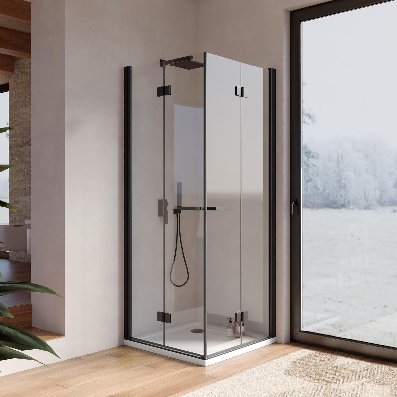 Box doccia 80x80 cm doppio soffietto vetro anticalcare trasparente e profilo nero opaco 195h - Flexy