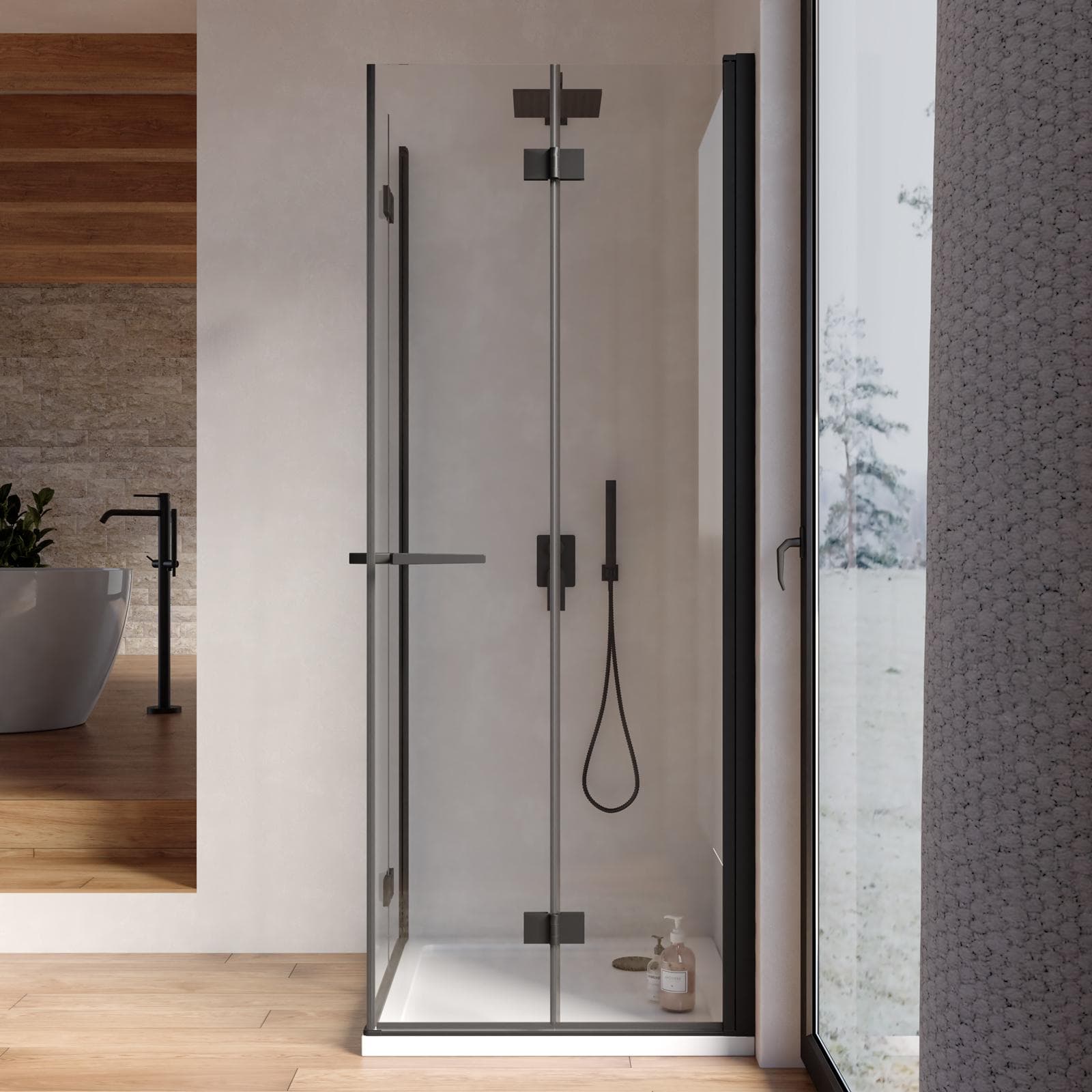 Box doccia 80x80 cm doppio soffietto vetro anticalcare trasparente e profilo nero opaco 195h - Flexy